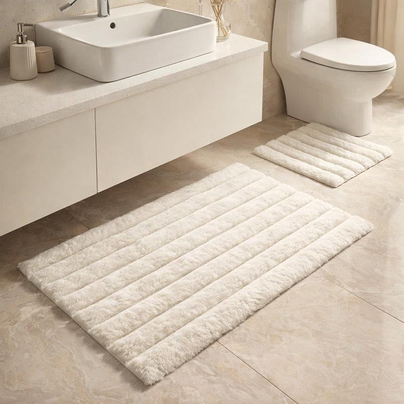 Tavşan Tüyü Krem Klozet Takımı Banyo Paspası Kaymaz TPR Taban Yıkanabilir 2'li Set 40x60-60x100