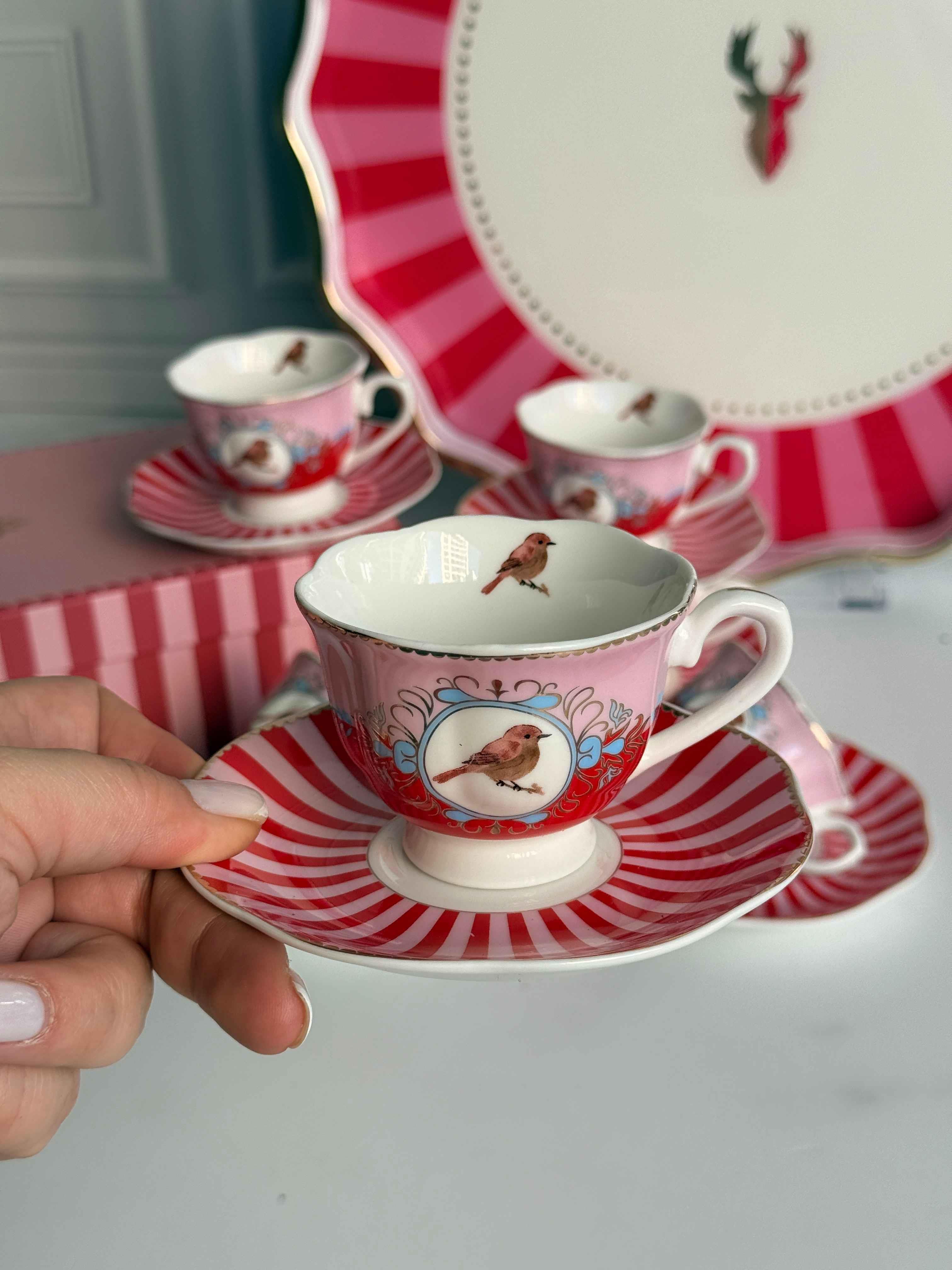 Türk Kahve Fincanı Bird Red 6 Kişilik 12 Parça