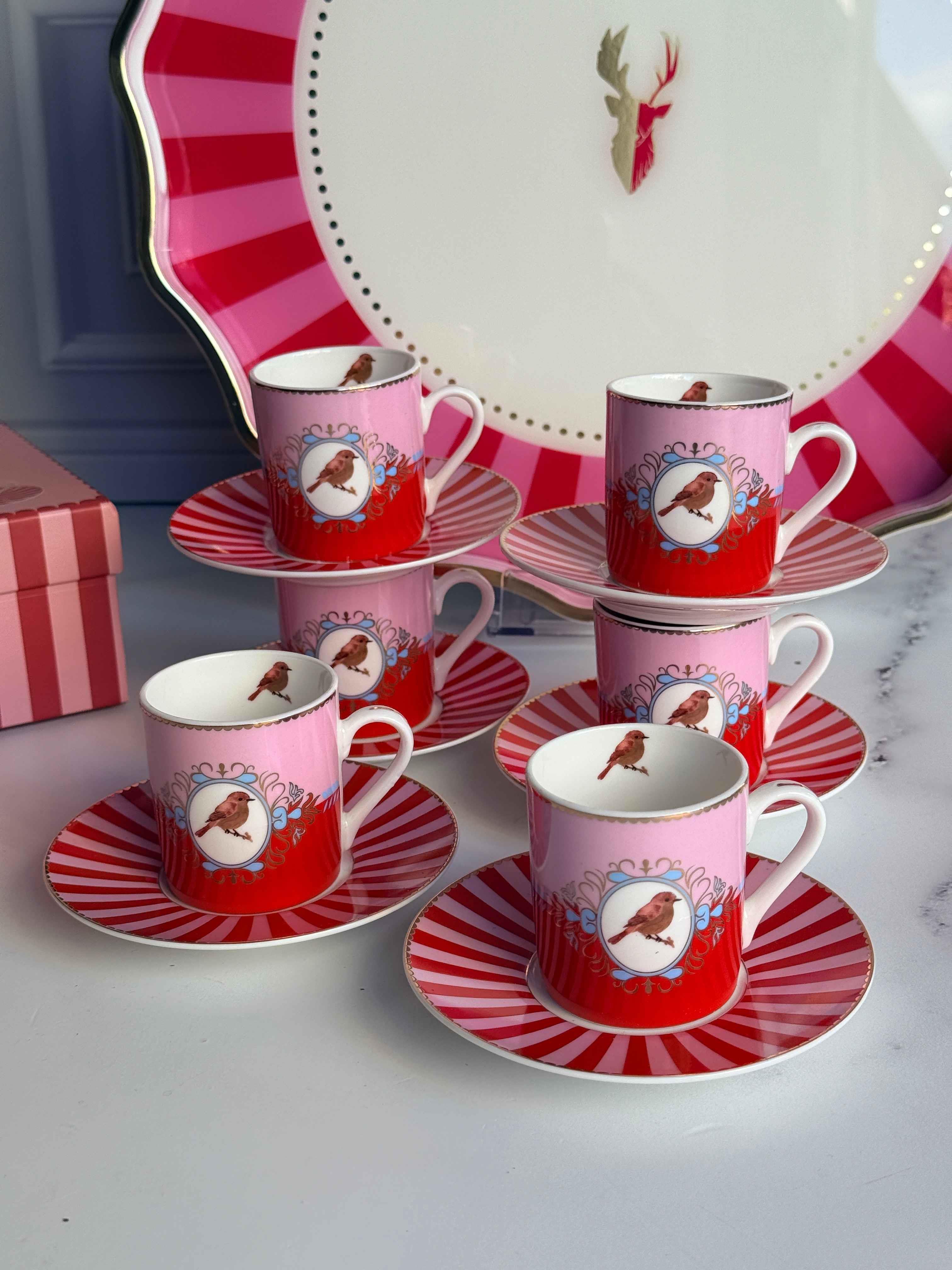 Türk Kahve Fincanı Bird Red&Pink 6 Kişilik 12 Parça