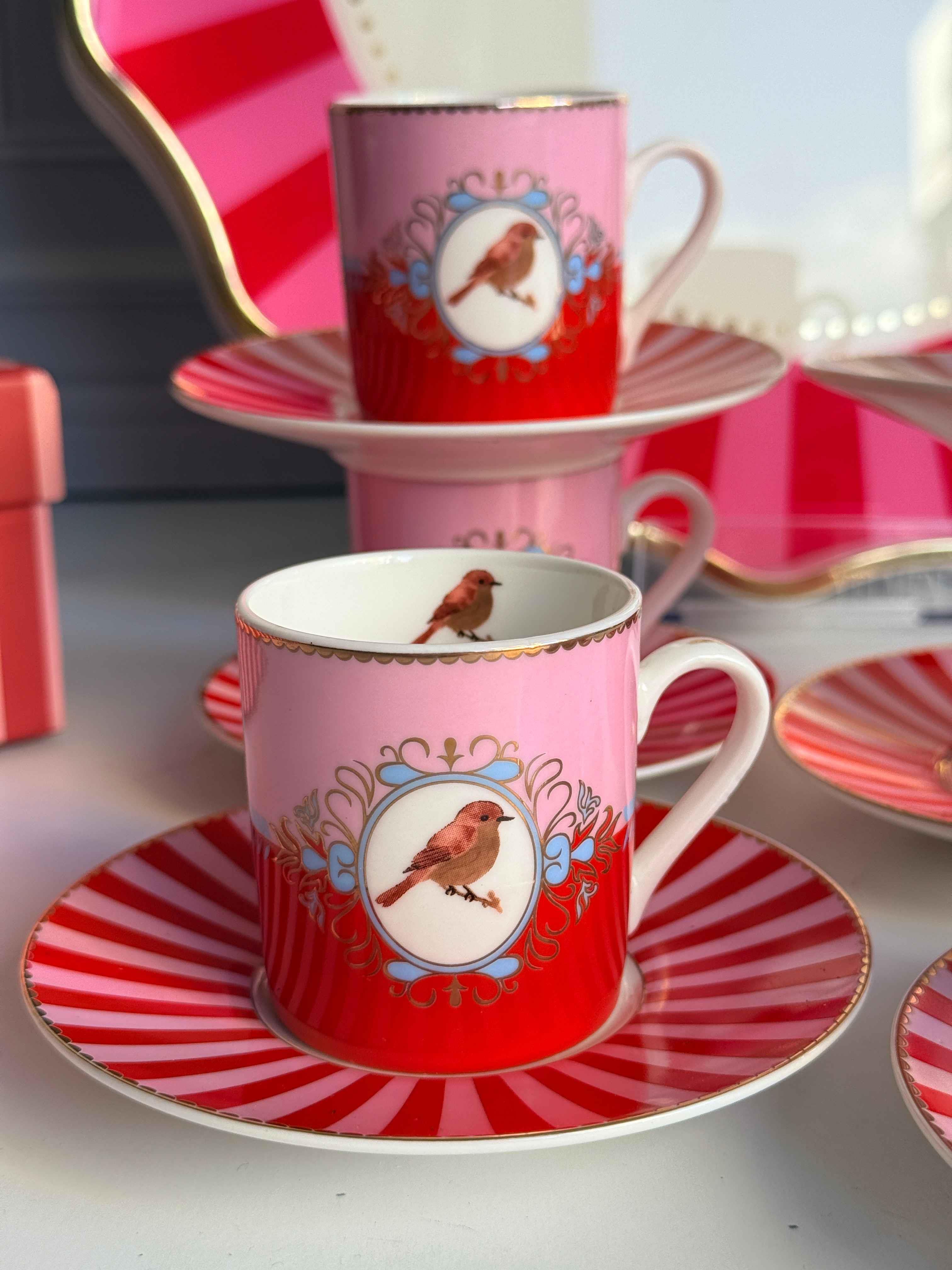 Türk Kahve Fincanı Bird Red&Pink 6 Kişilik 12 Parça