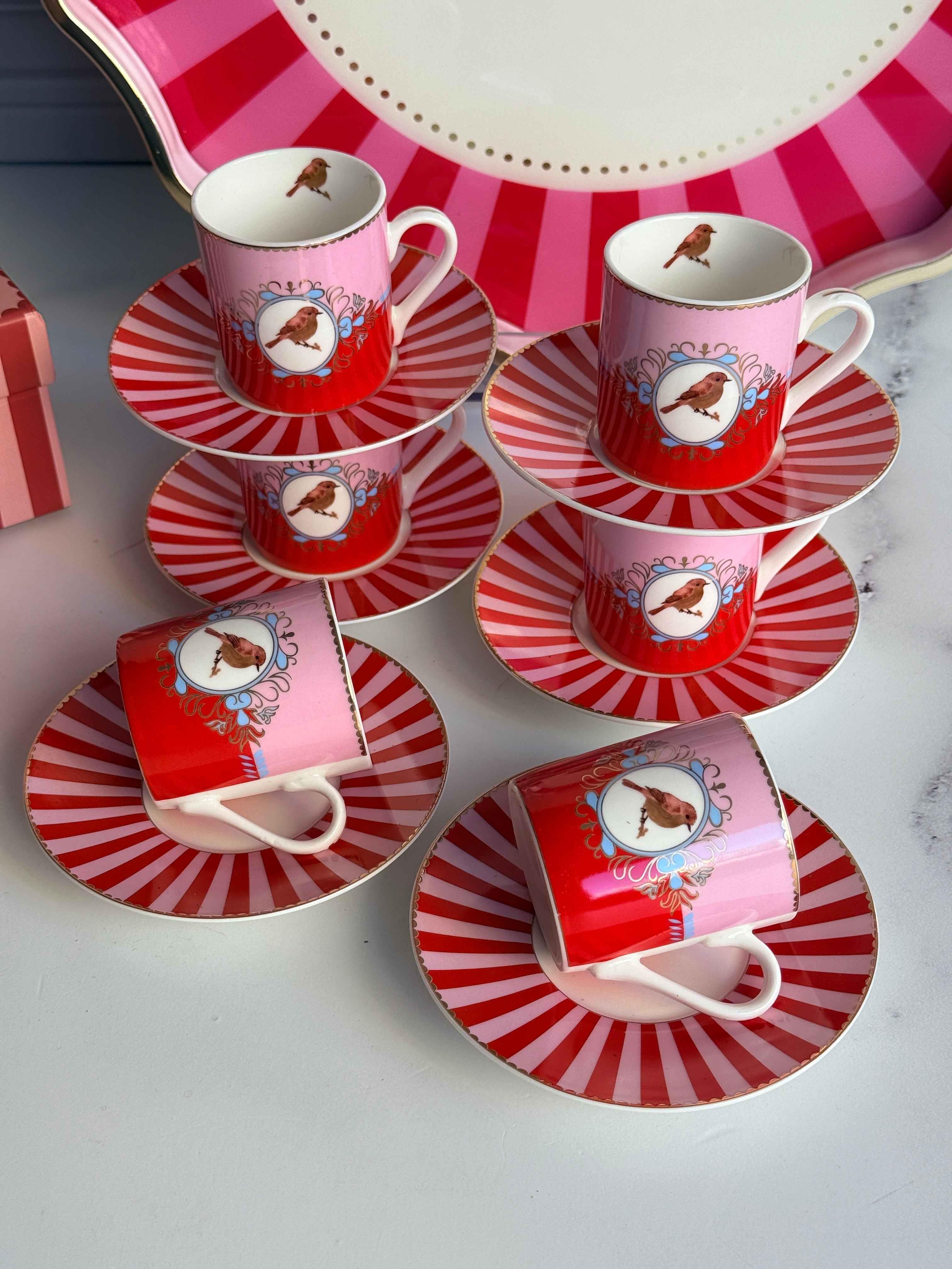 Türk Kahve Fincanı Bird Red&Pink 6 Kişilik 12 Parça