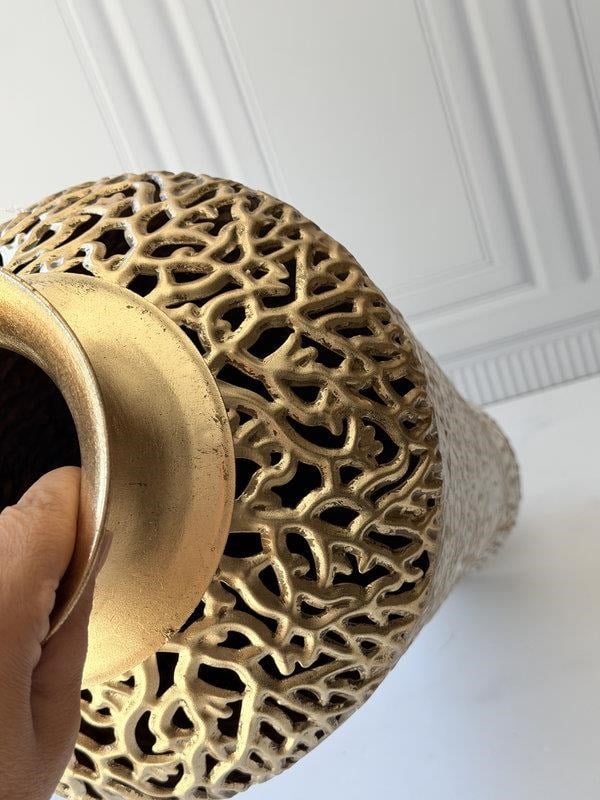 Vazo Eskitme Gold Beyaz Detaylı Metal Dekoratif 74cm