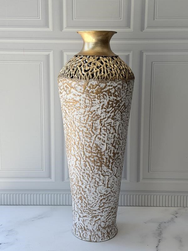 Vazo Eskitme Gold Beyaz Detaylı Metal Dekoratif 74cm