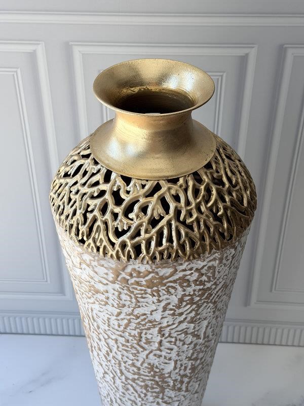 Vazo Eskitme Gold Beyaz Detaylı Metal Dekoratif 74cm