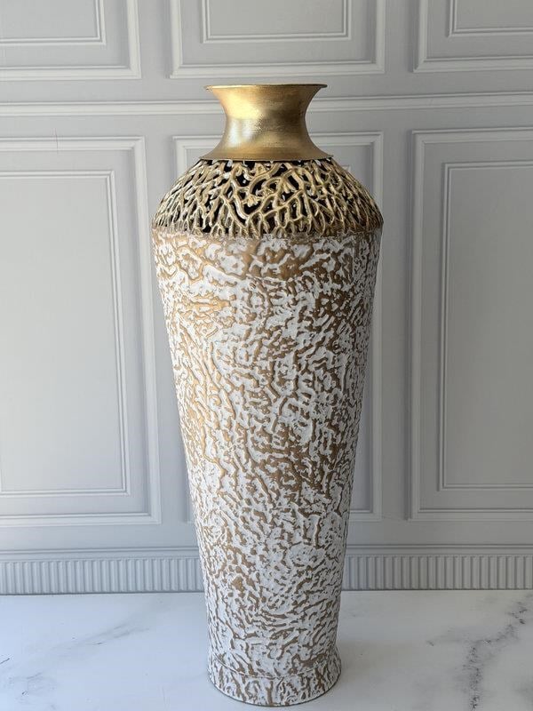 Vazo Eskitme Gold Beyaz Detaylı Metal Dekoratif 74cm