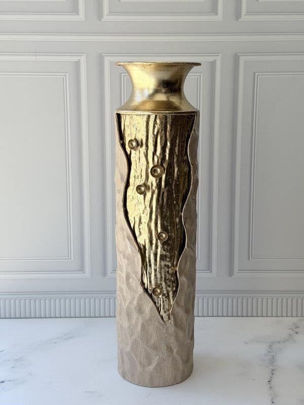 Vazo Eskitme Gold Detaylı Krem Dekoratif 65cm