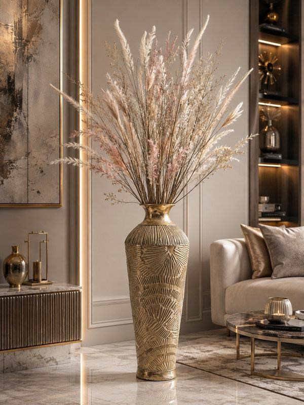 Vazo Eskitme Krem Gold Detaylı Dekoratif 74cm