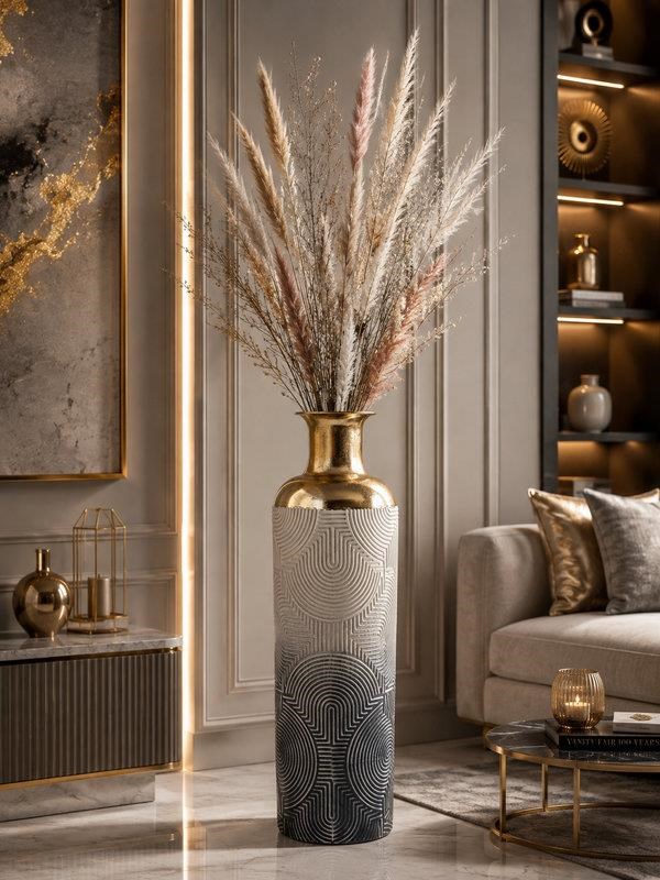Vazo Eskitme Krem Gri Gold Detaylı Dekoratif 63cm