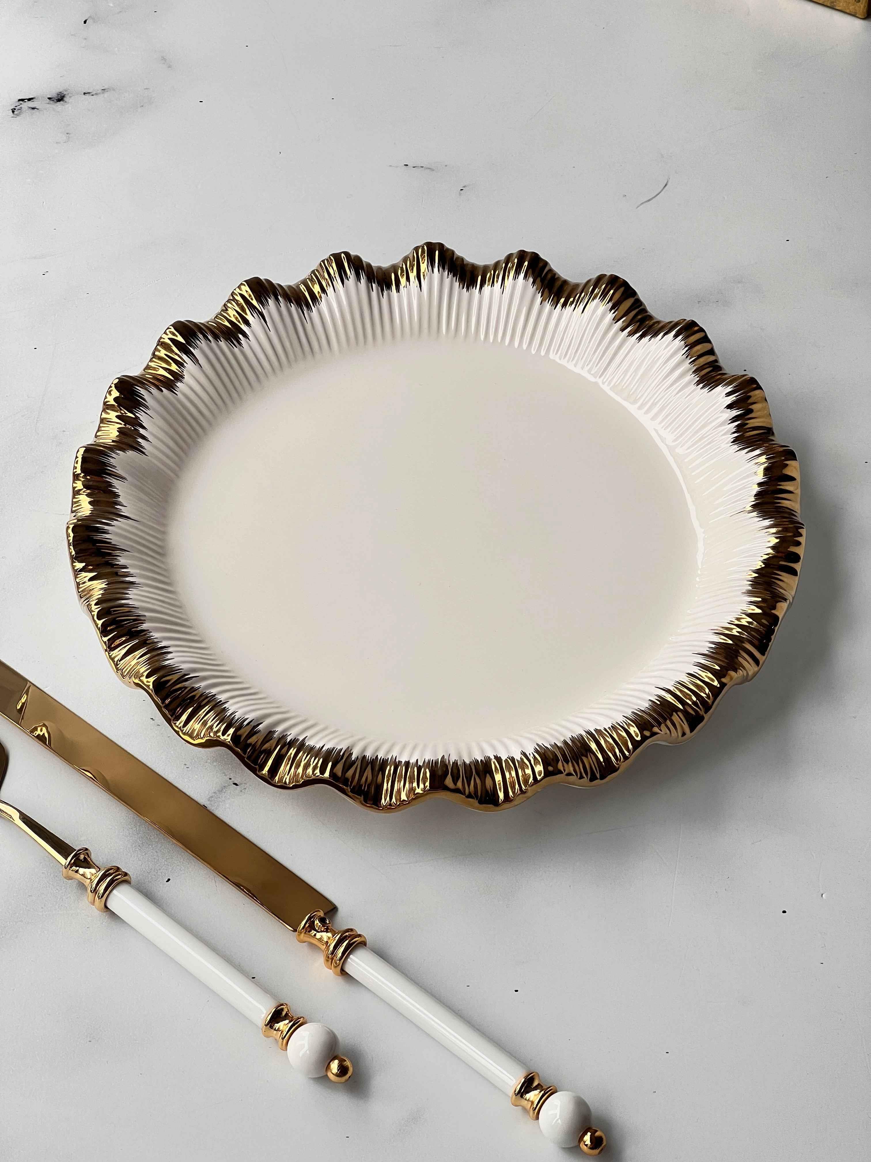 Yuvarlak Sunum Tabağı Sofya Stoneware Gold Kenarlı – 31 cm