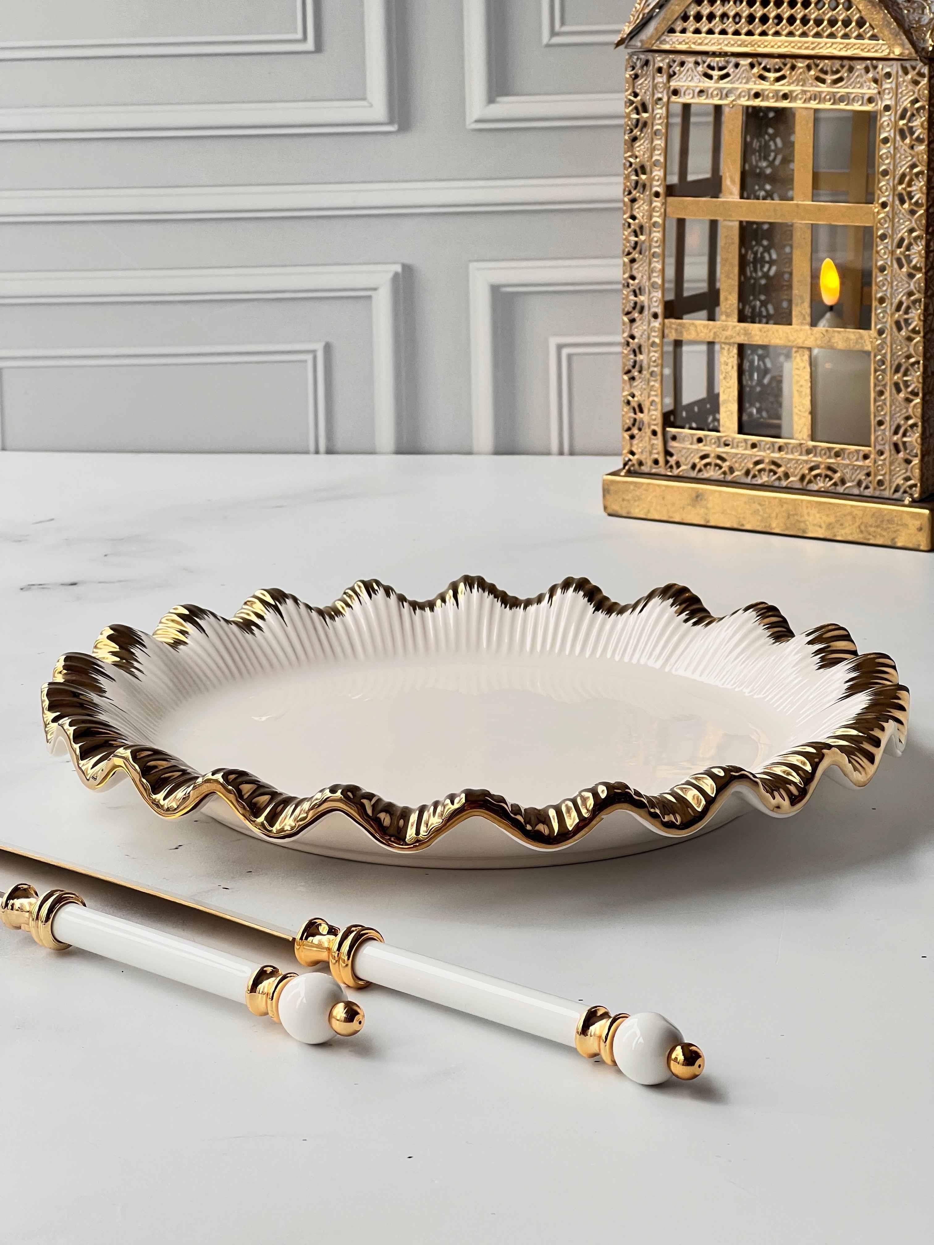 Yuvarlak Sunum Tabağı Sofya Stoneware Gold Kenarlı – 31 cm