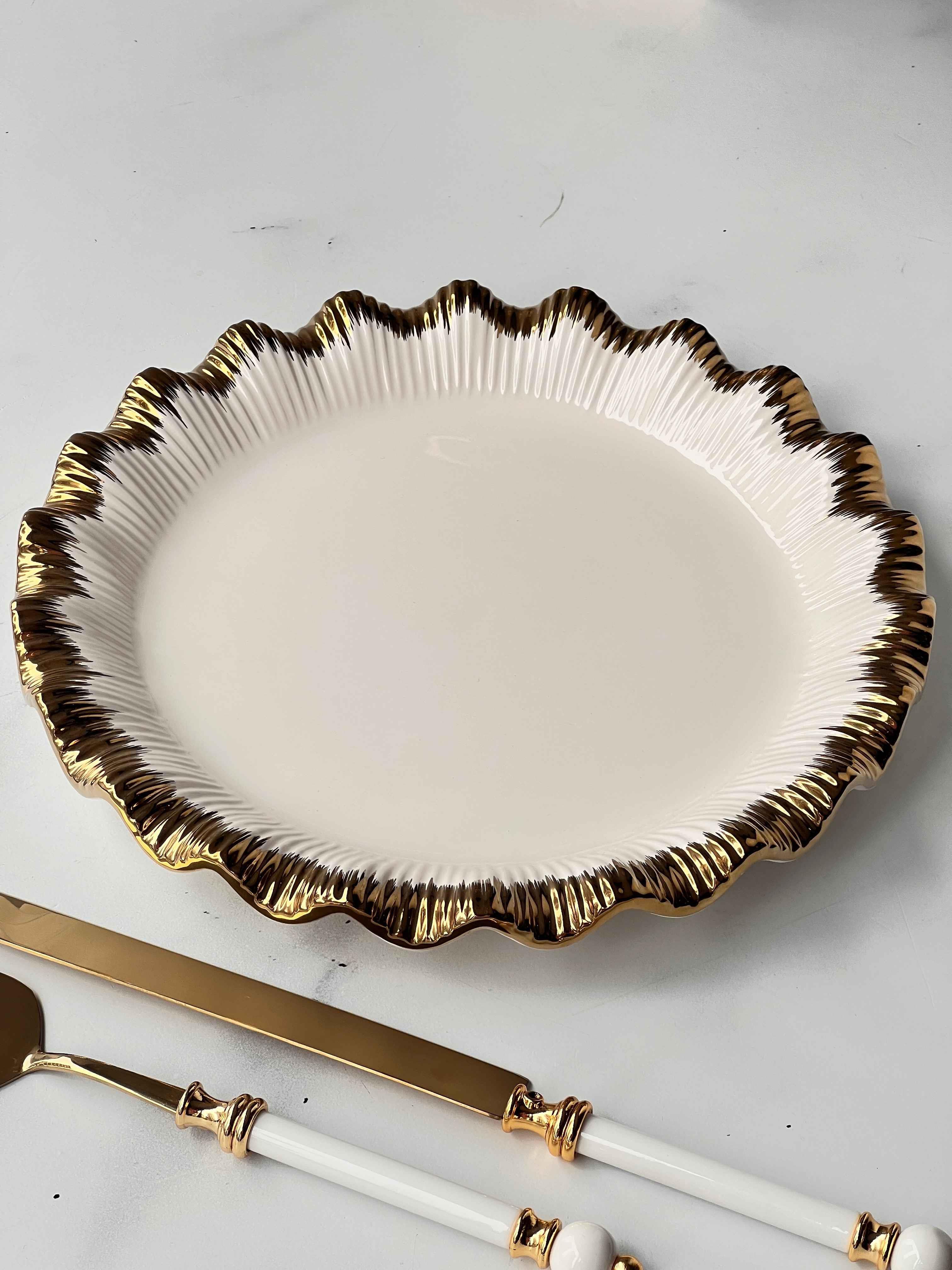 Yuvarlak Sunum Tabağı Sofya Stoneware Gold Kenarlı – 31 cm