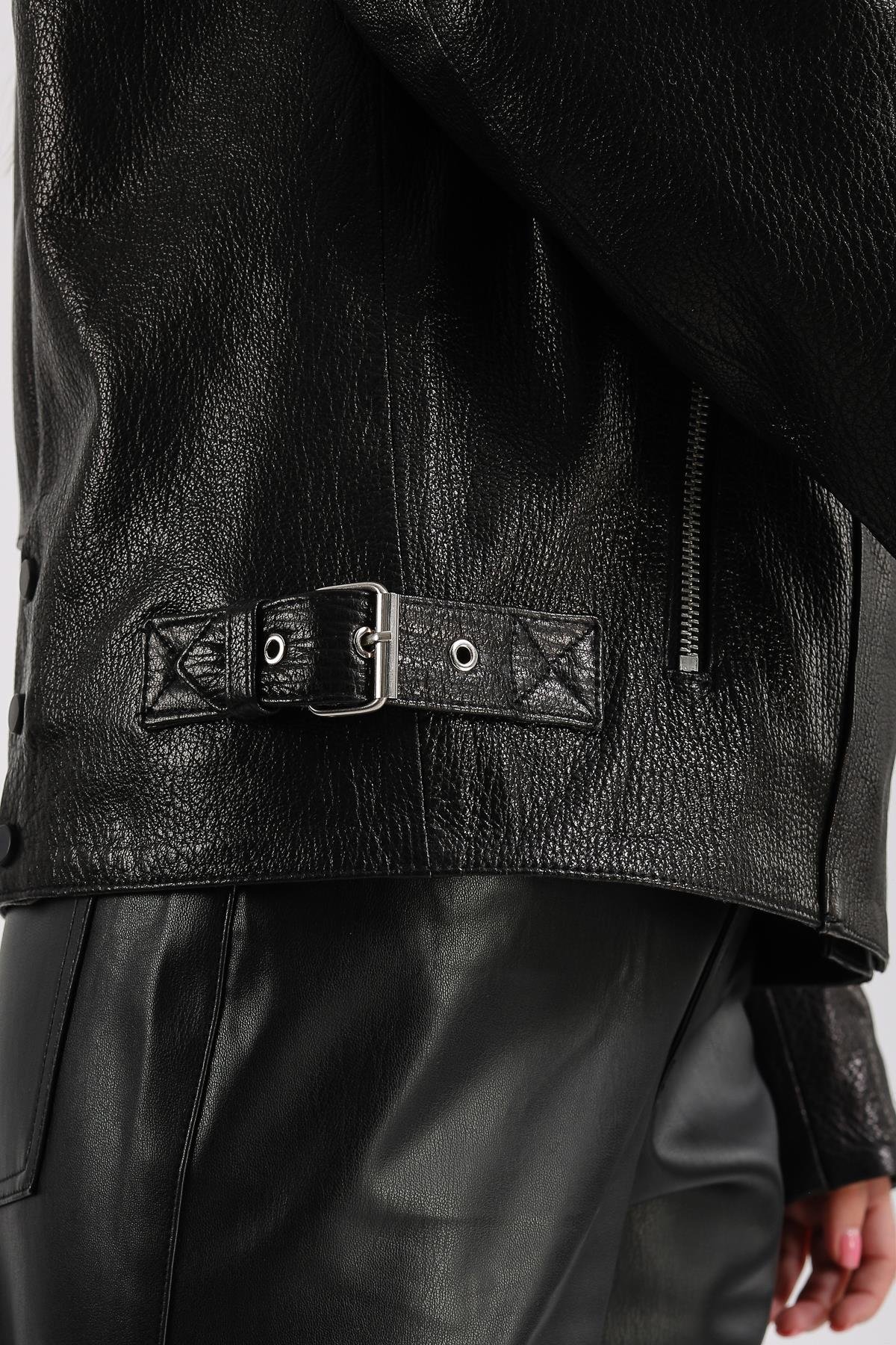 Billie Kadın Siyah Deri Biker Ceket Jumbo Siyah