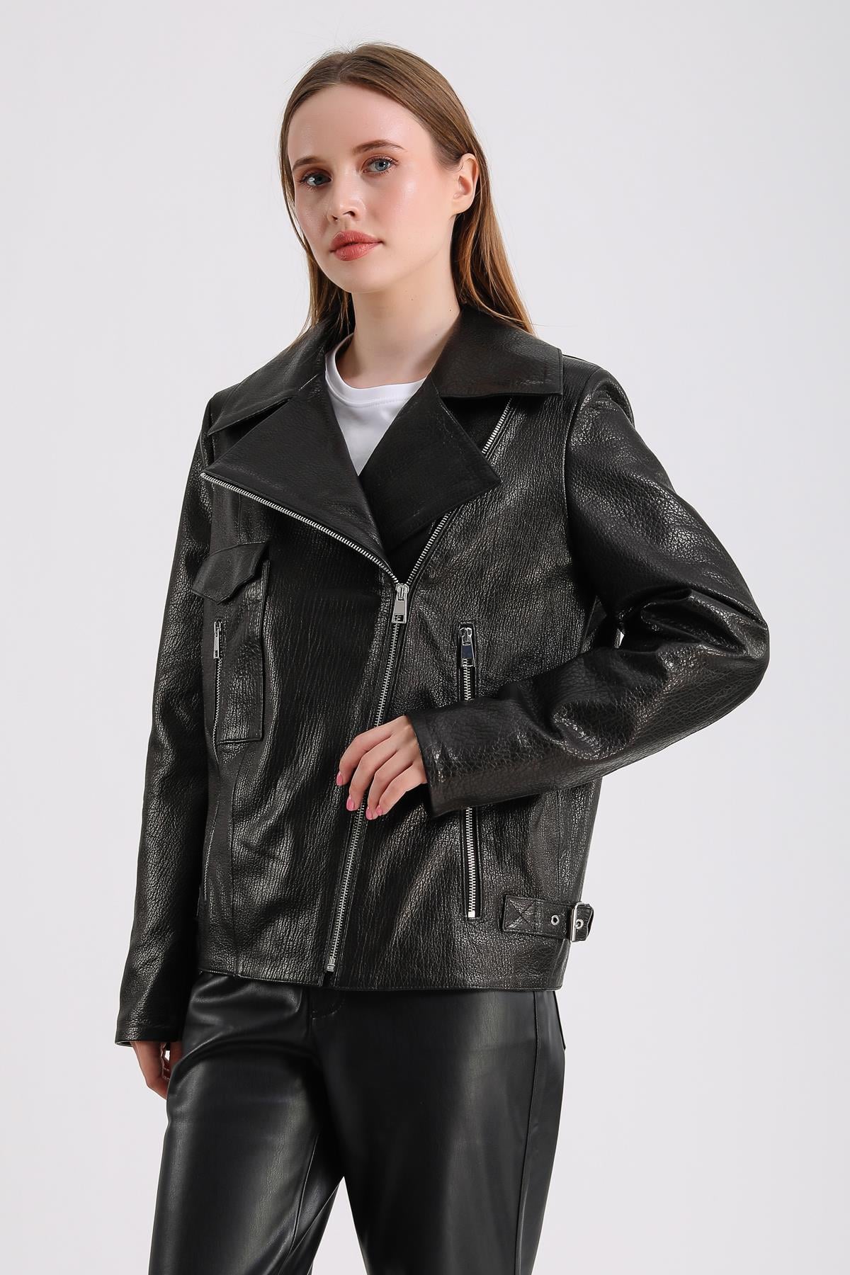 Billie Kadın Siyah Deri Biker Ceket Jumbo Siyah