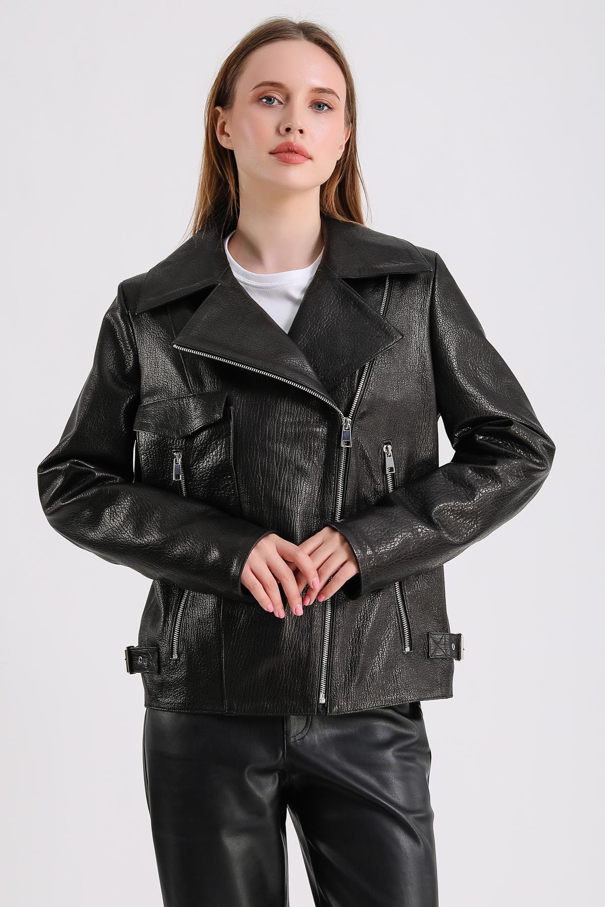 Billie Kadın Siyah Deri Biker Ceket Jumbo Siyah