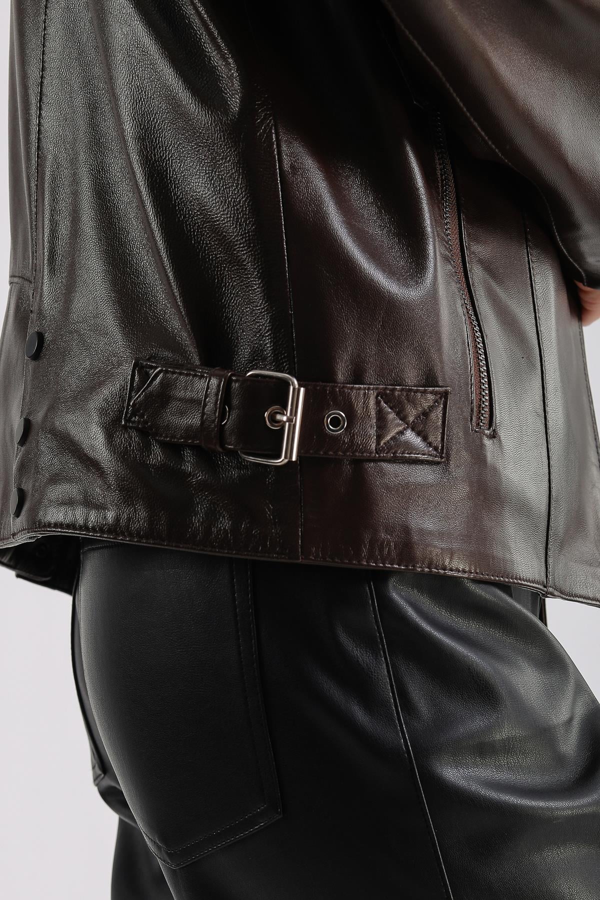 Billie Kadın Siyah Deri Biker Ceket Kahverengi