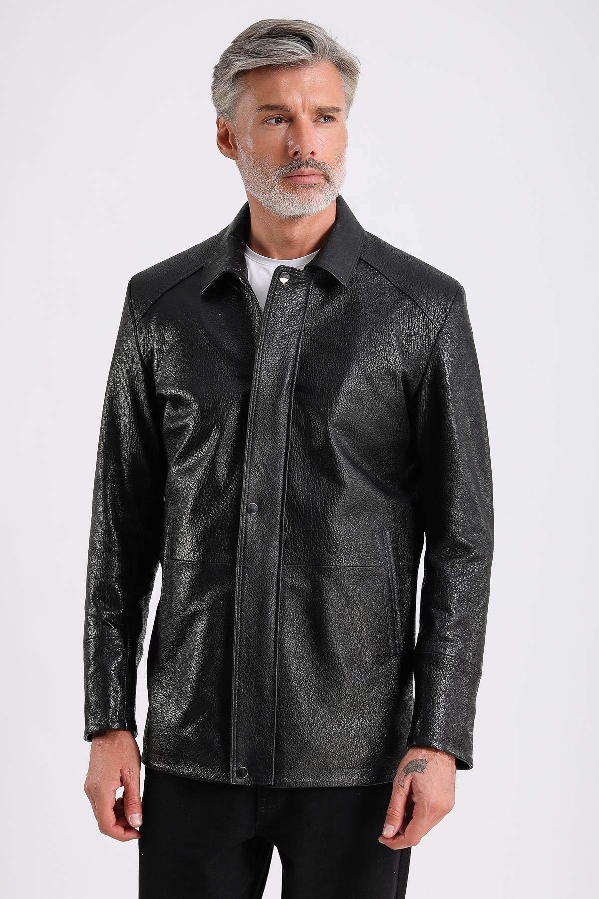Bruno Erkek Siyah Uzun Deri Kaban Jumbo Siyah