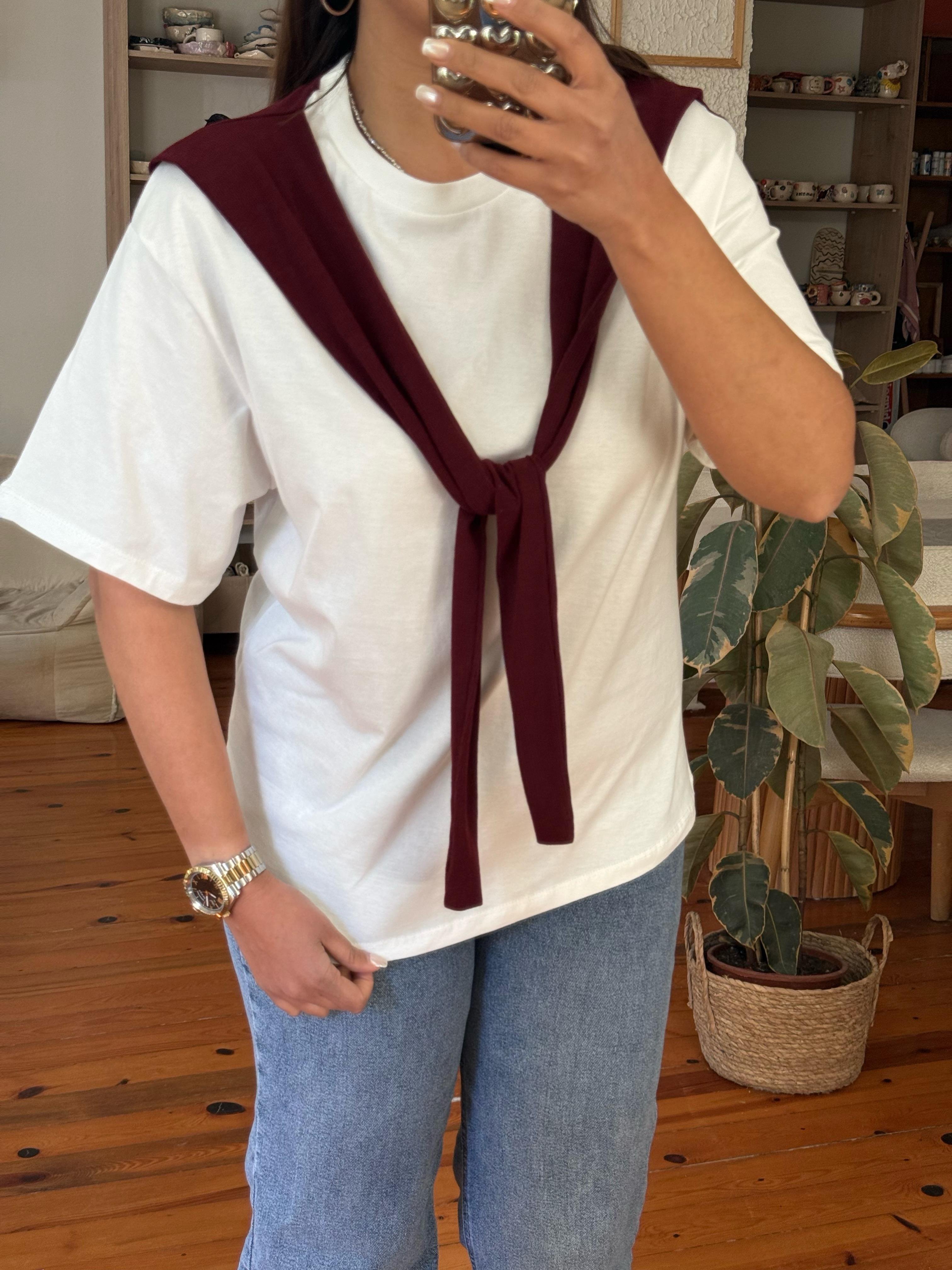Atkı Detaylı T-shirt Bordo