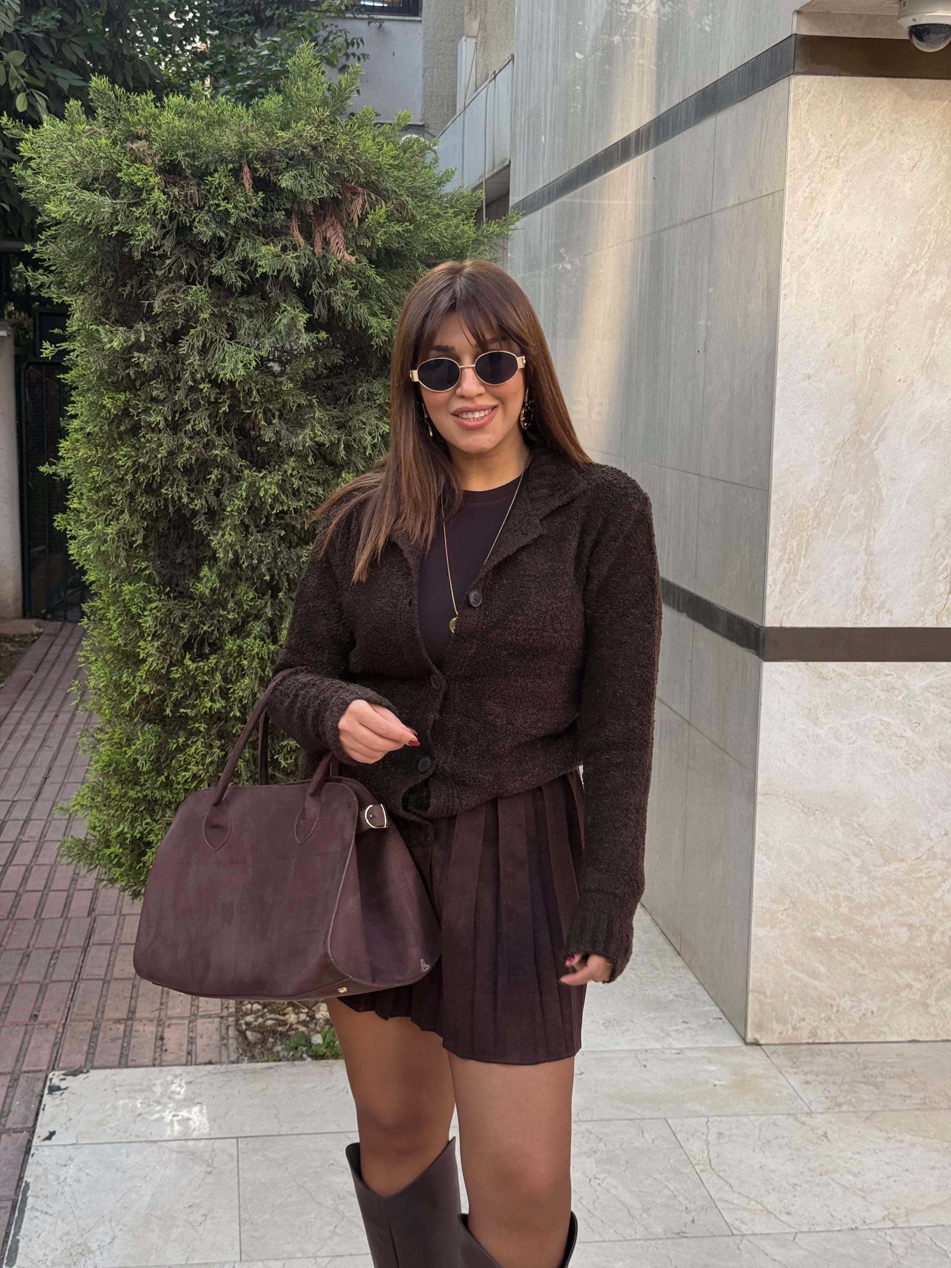Boydan Düğmeli Hırka Kahverengi