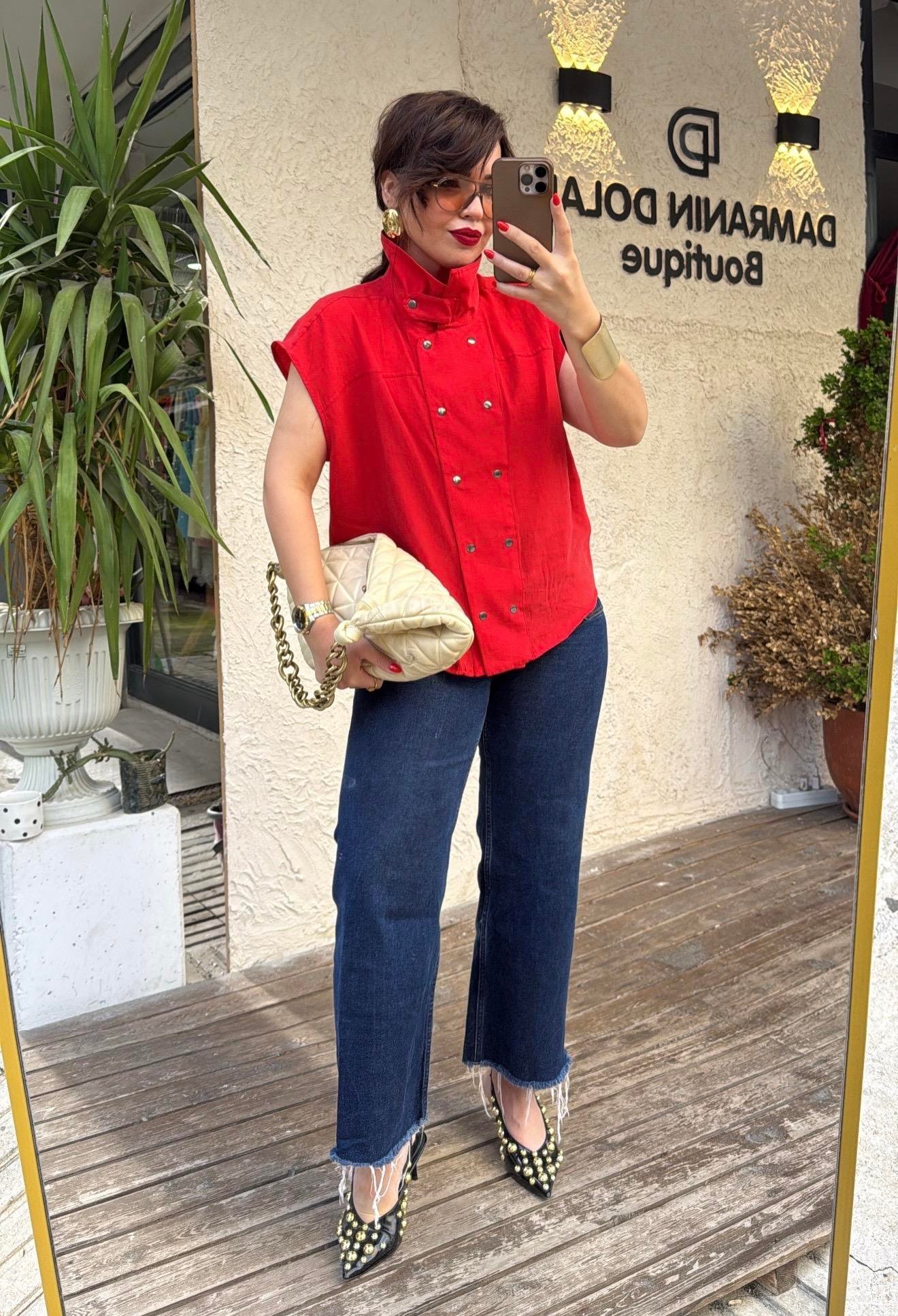 Çıtçıtlı Kolsuz Gömlek Kırmızı