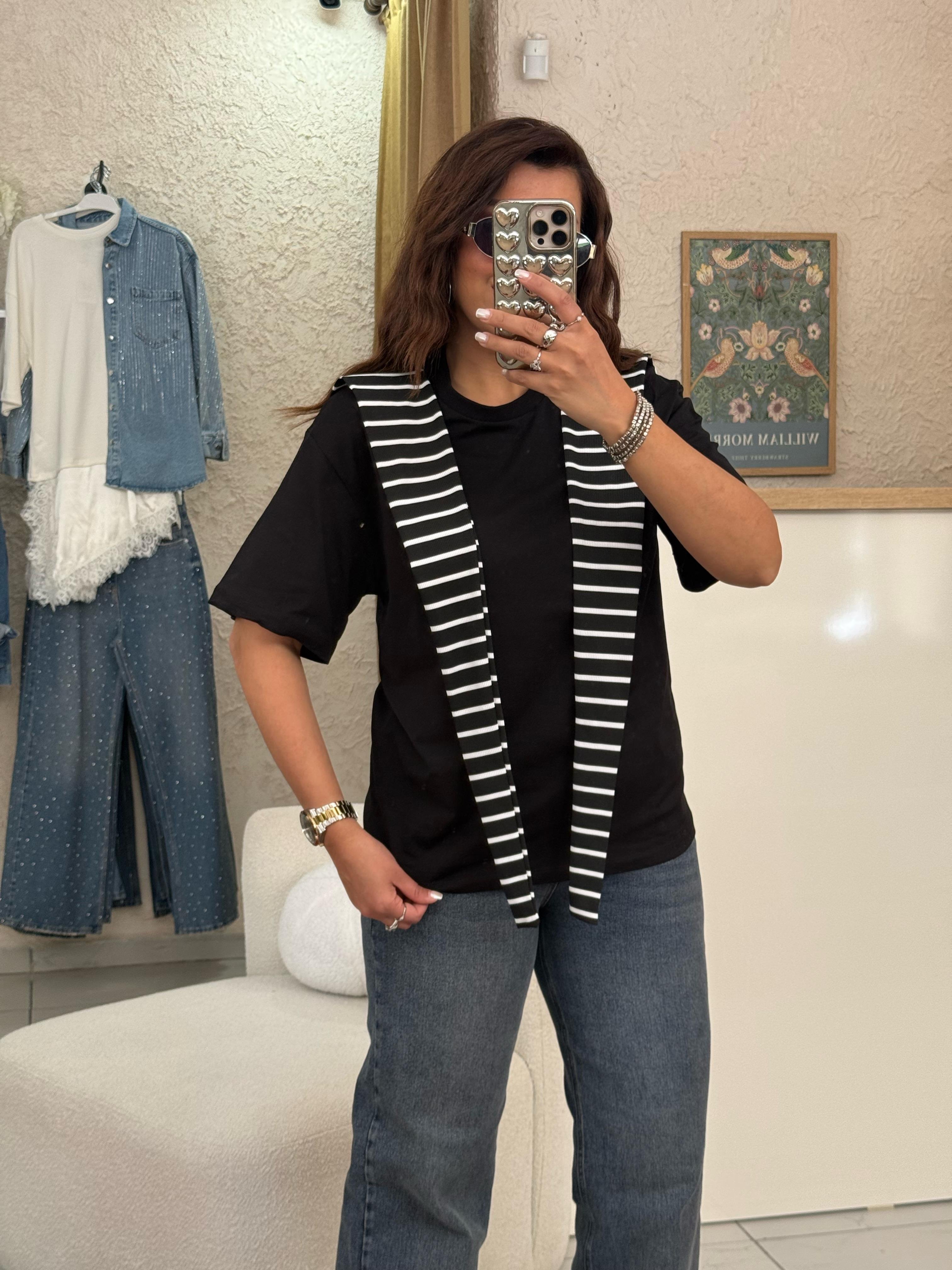 Çizgili Atkılı T-shirt Siyah