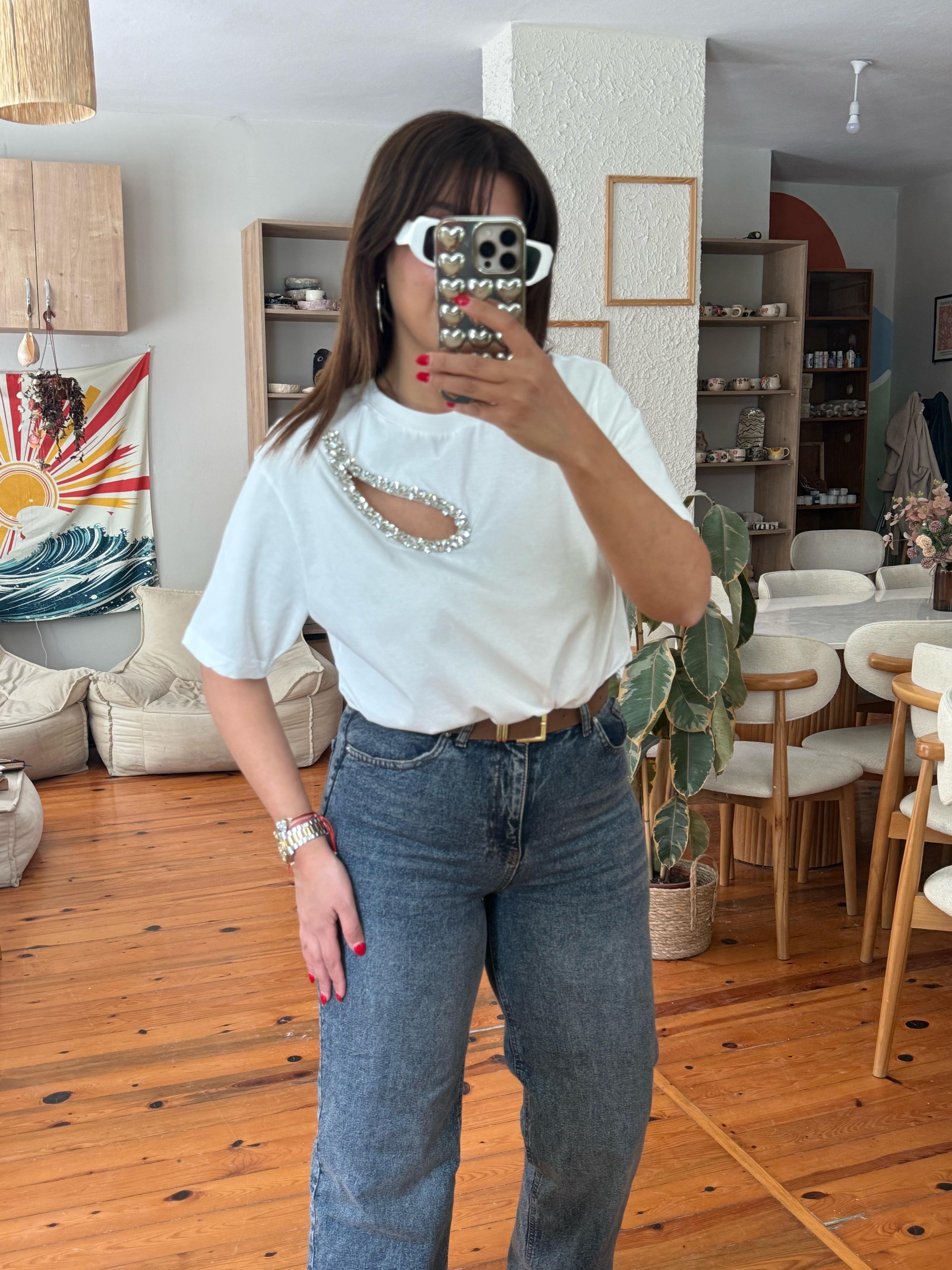 Damla Taşlı Beymen T-shirt Beyaz