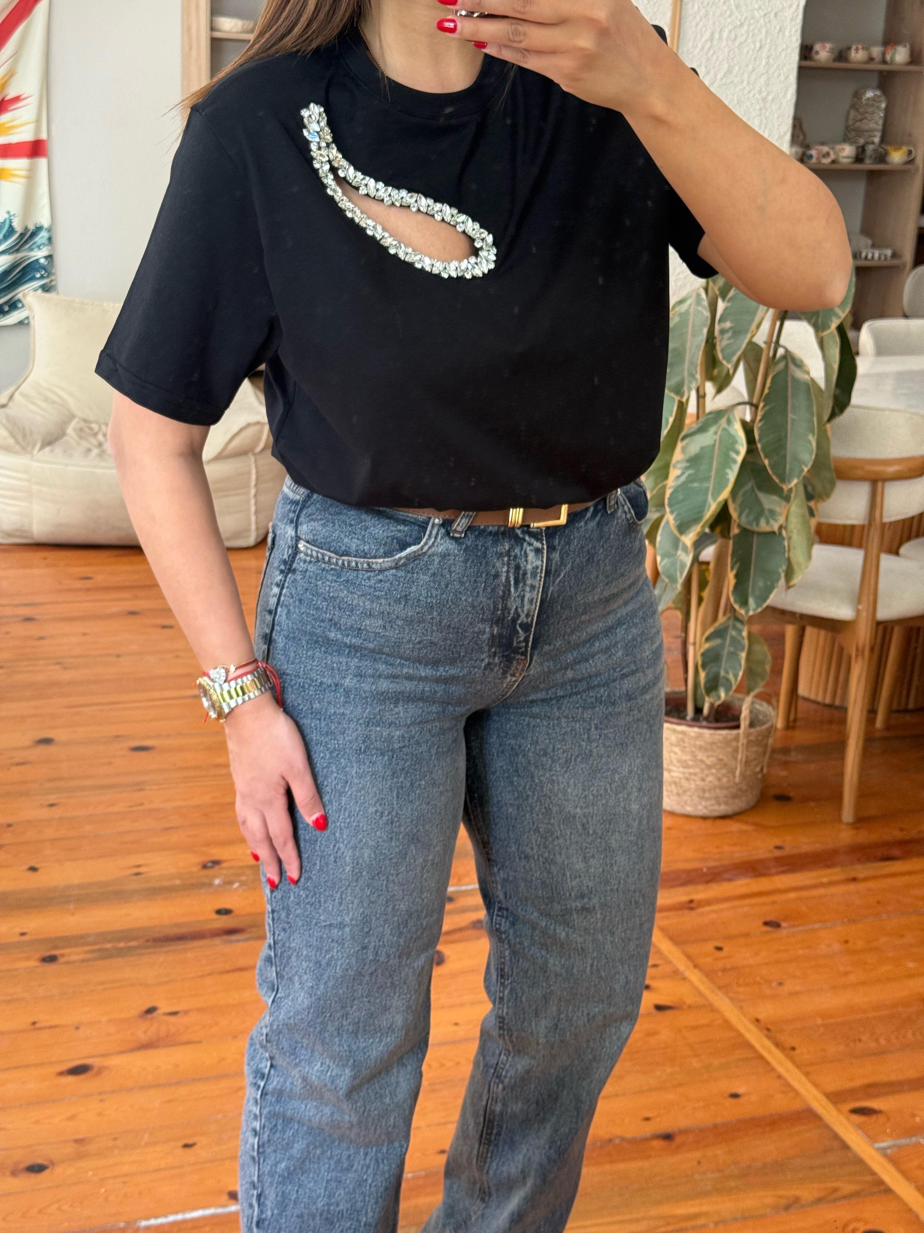 Damla Taşlı Beymen T-shirt Siyah