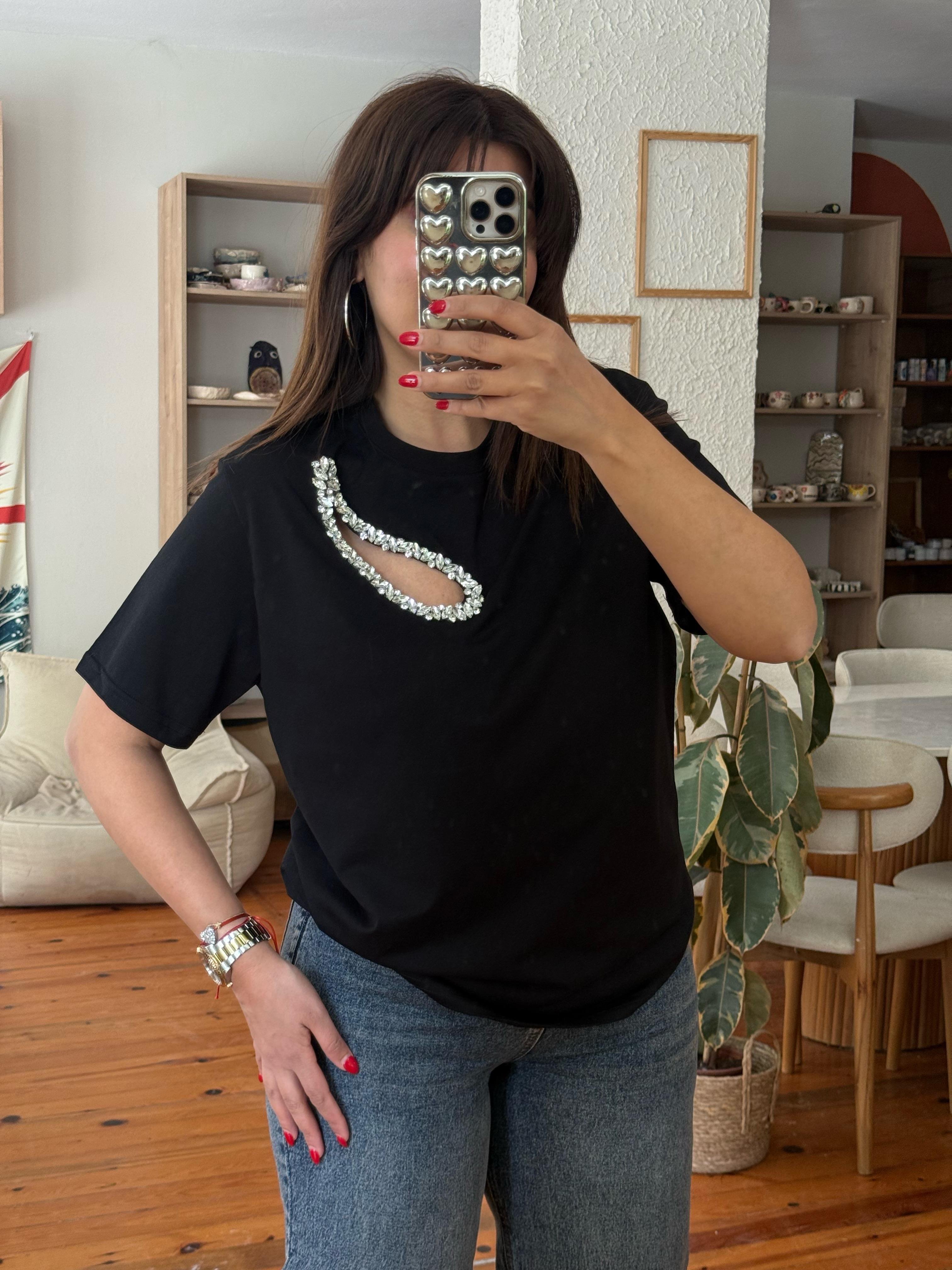 Damla Taşlı Beymen T-shirt Siyah