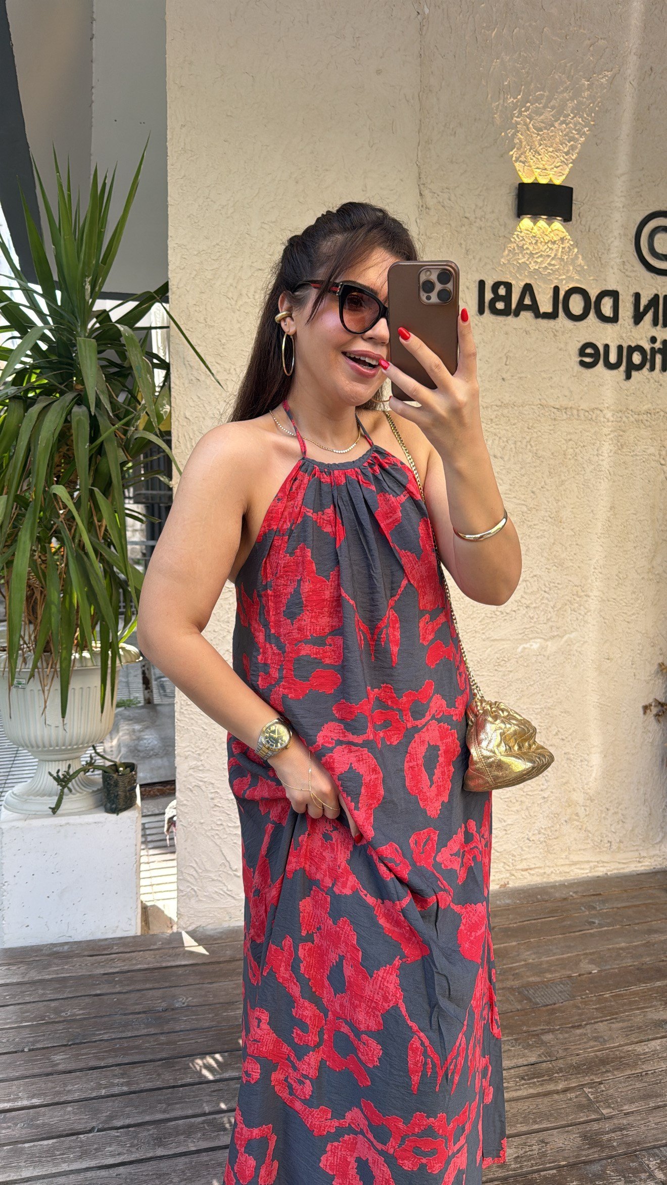 Desenli Halter Elbise Kırmızı Desen