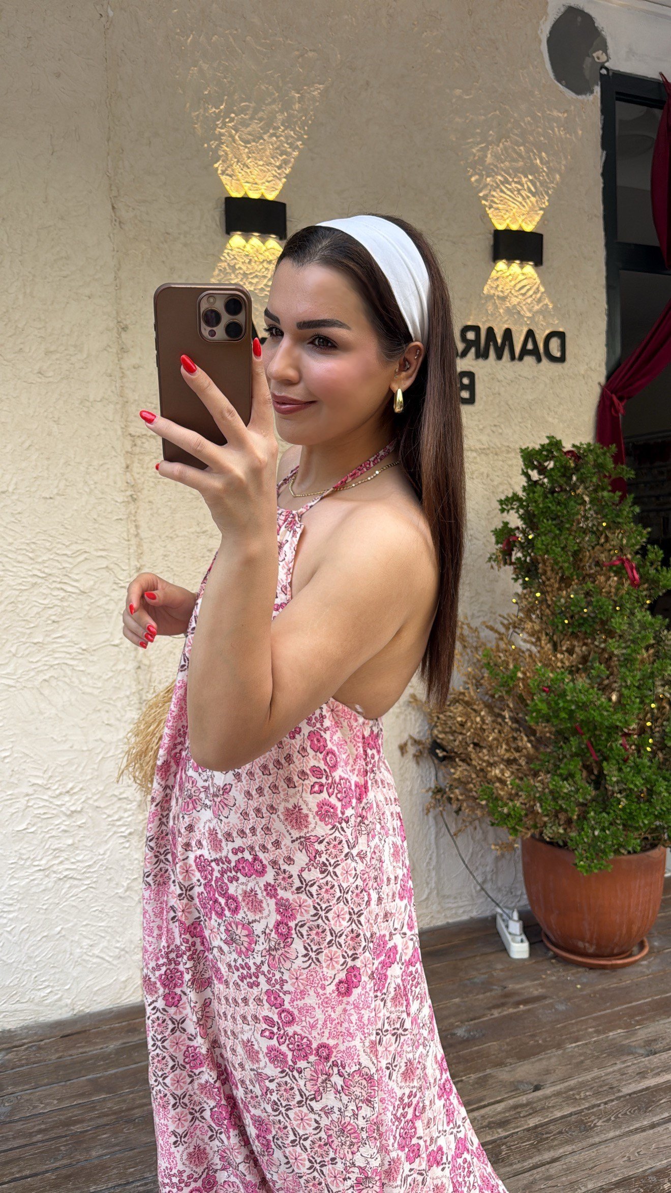 Desenli Halter Elbise Pembe