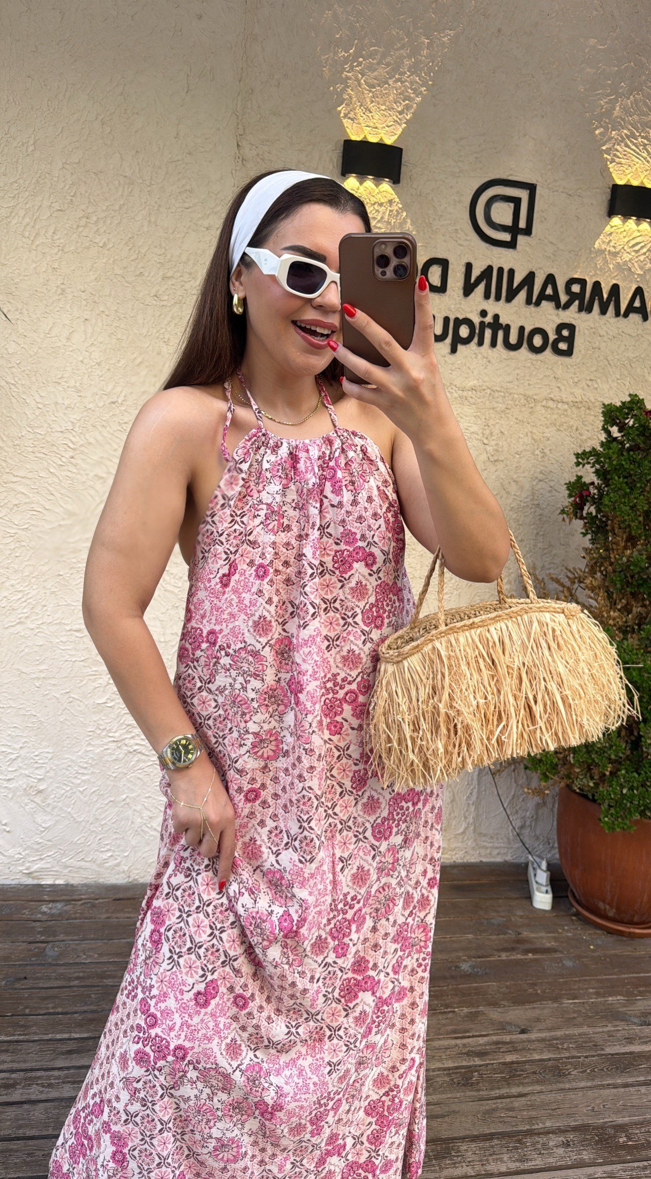 Desenli Halter Elbise Pembe