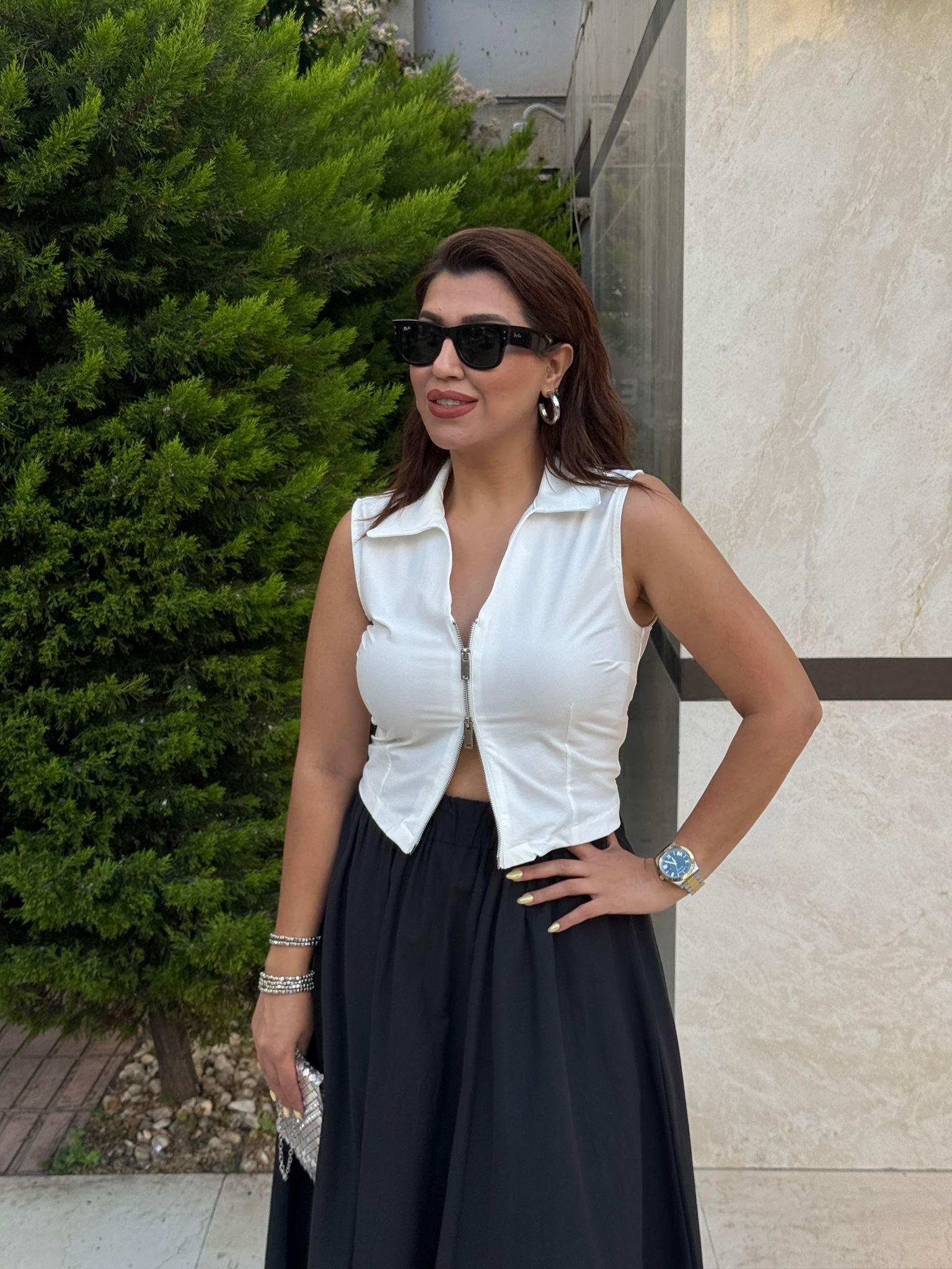 Fermuarlı Bluz Beyaz