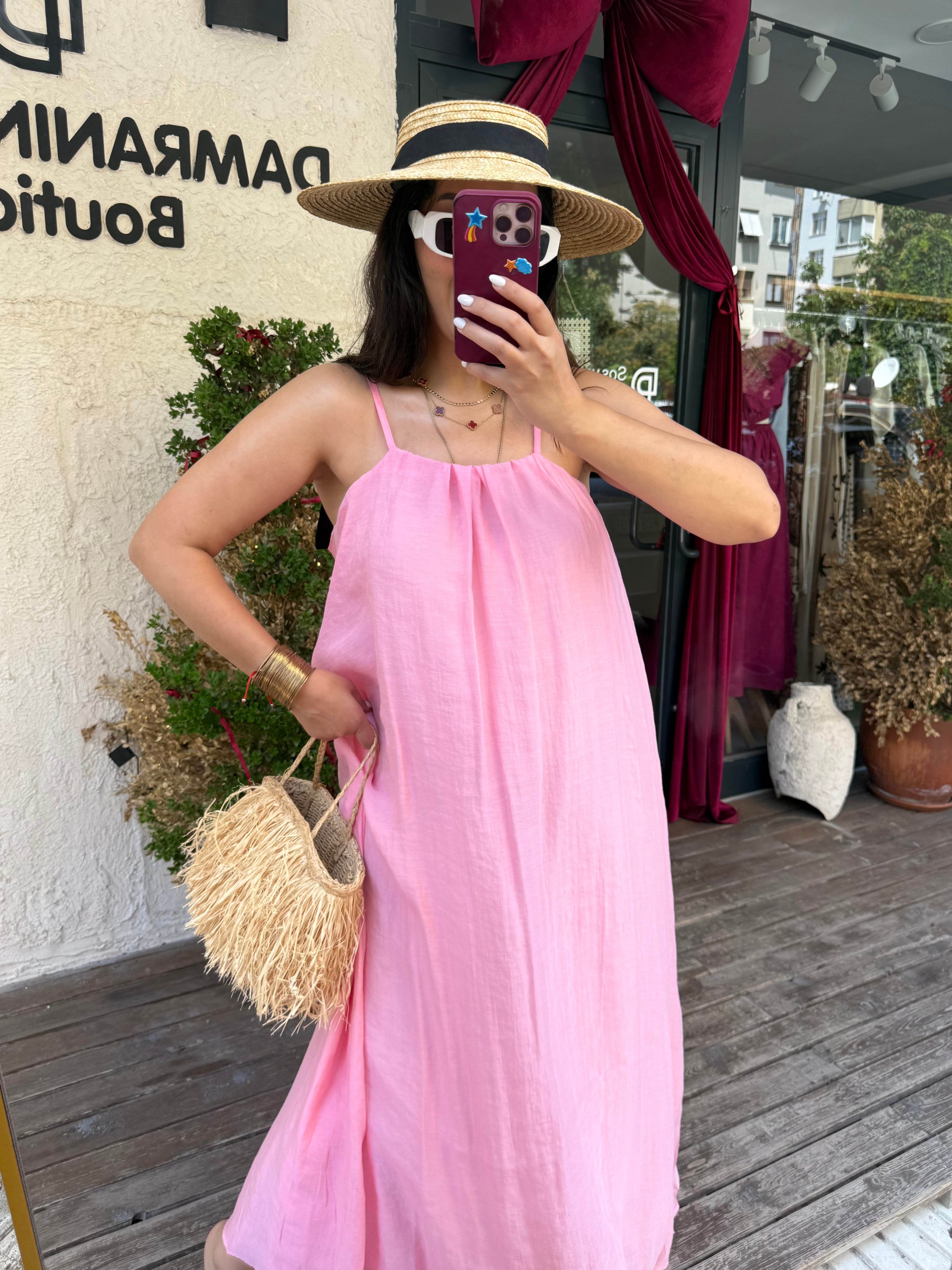 İpli Astarlı Halter Elbise Pembe