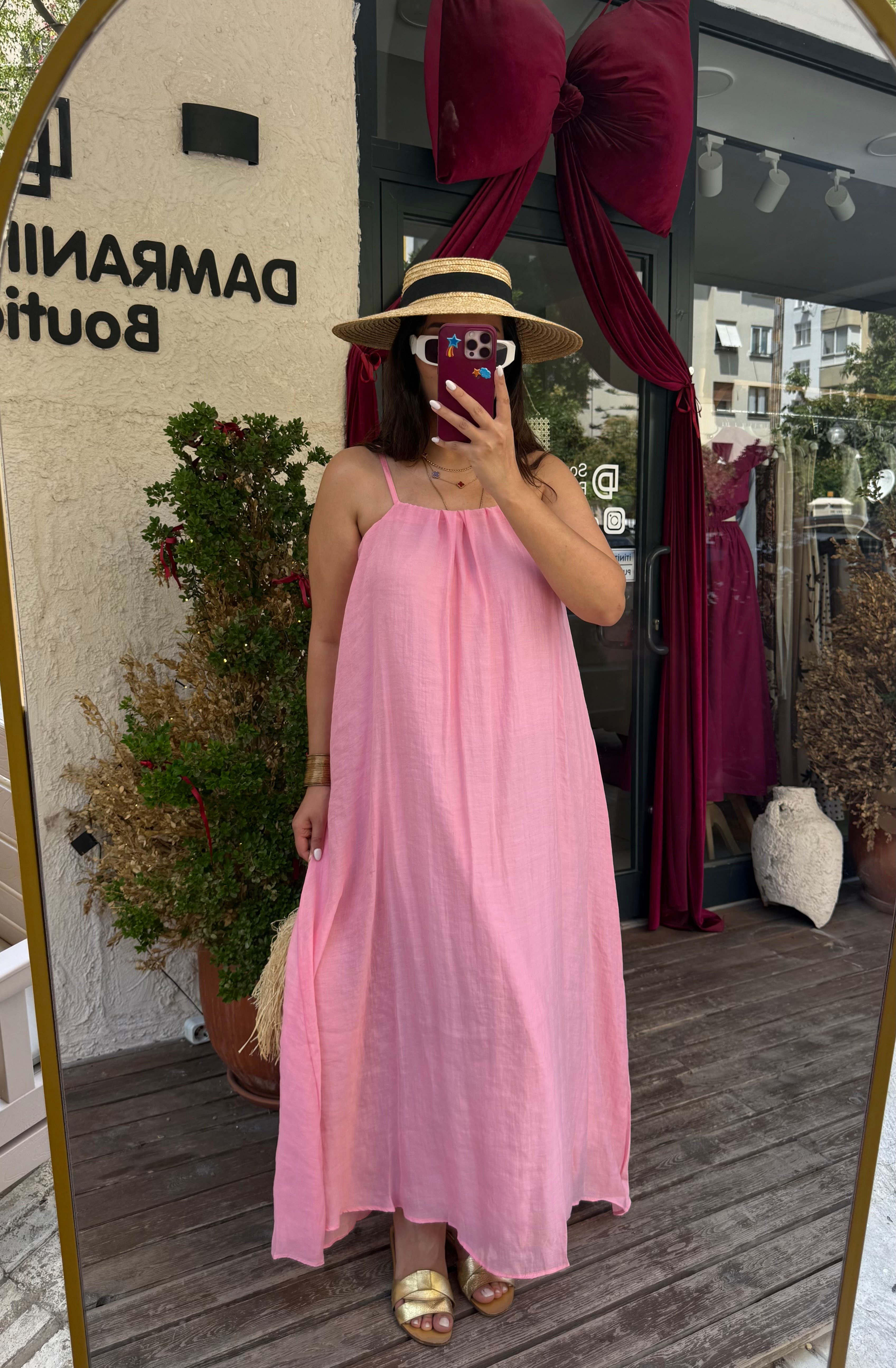 İpli Astarlı Halter Elbise Pembe