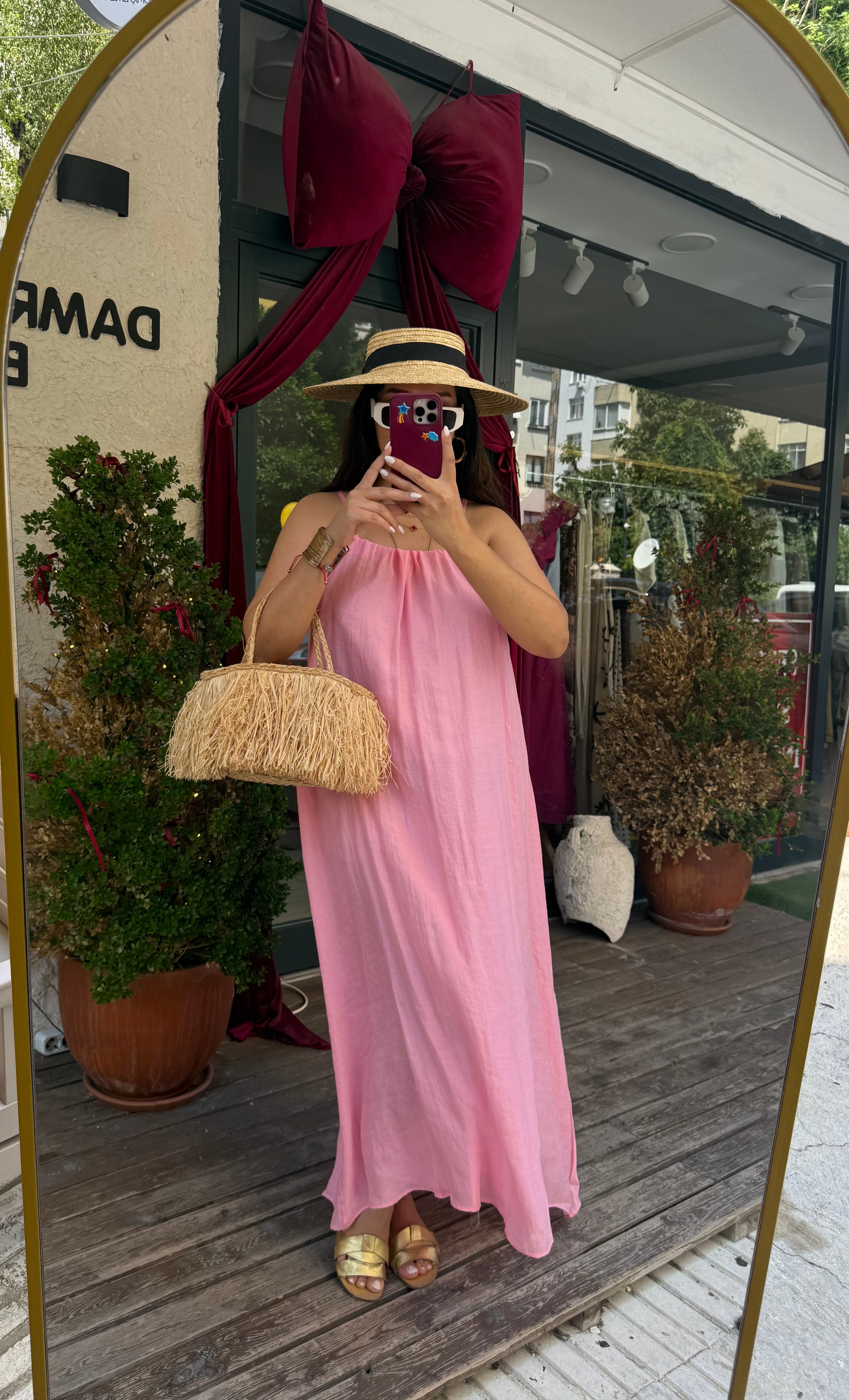 İpli Astarlı Halter Elbise Pembe