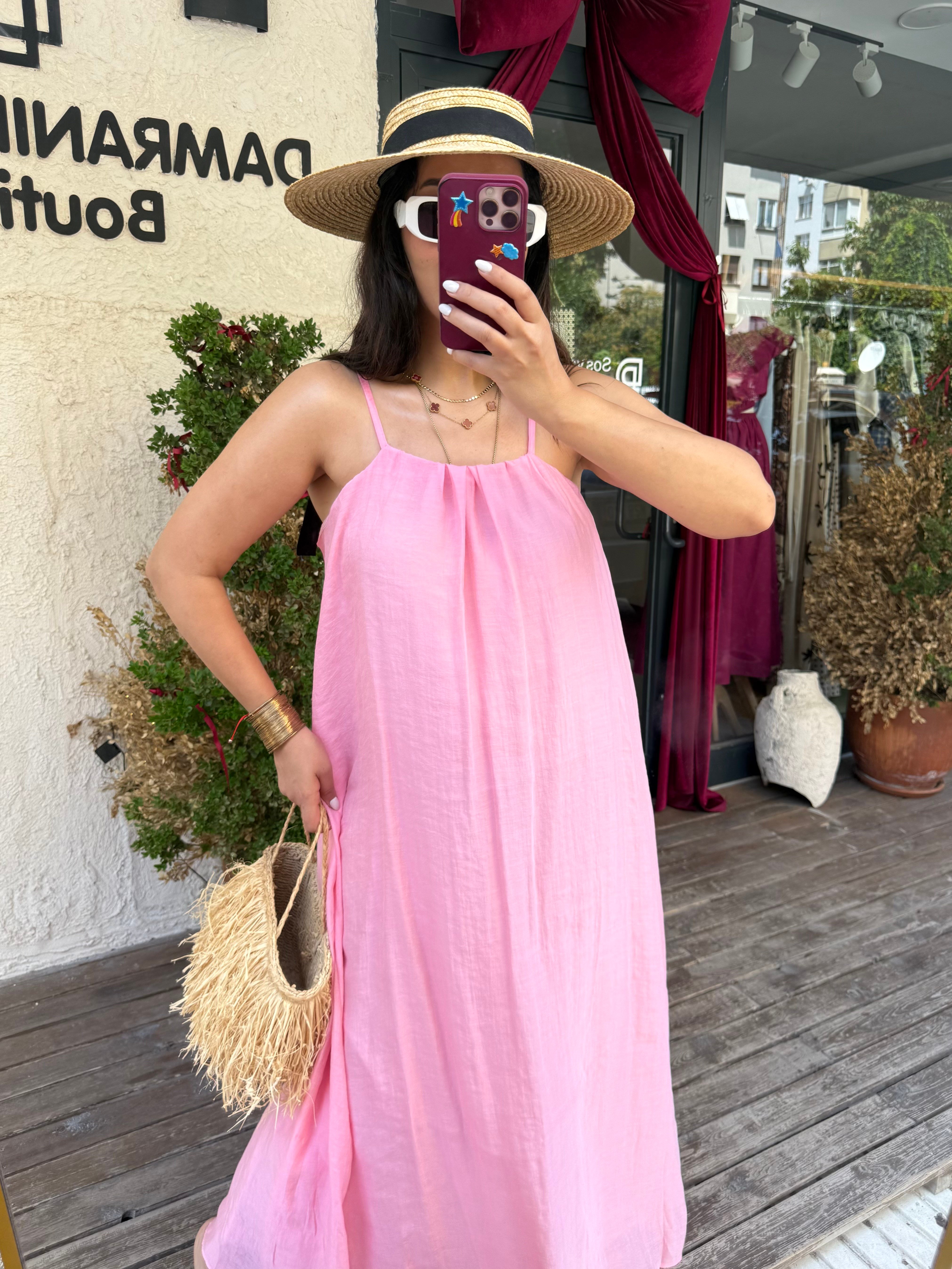 İpli Astarlı Halter Elbise Pembe