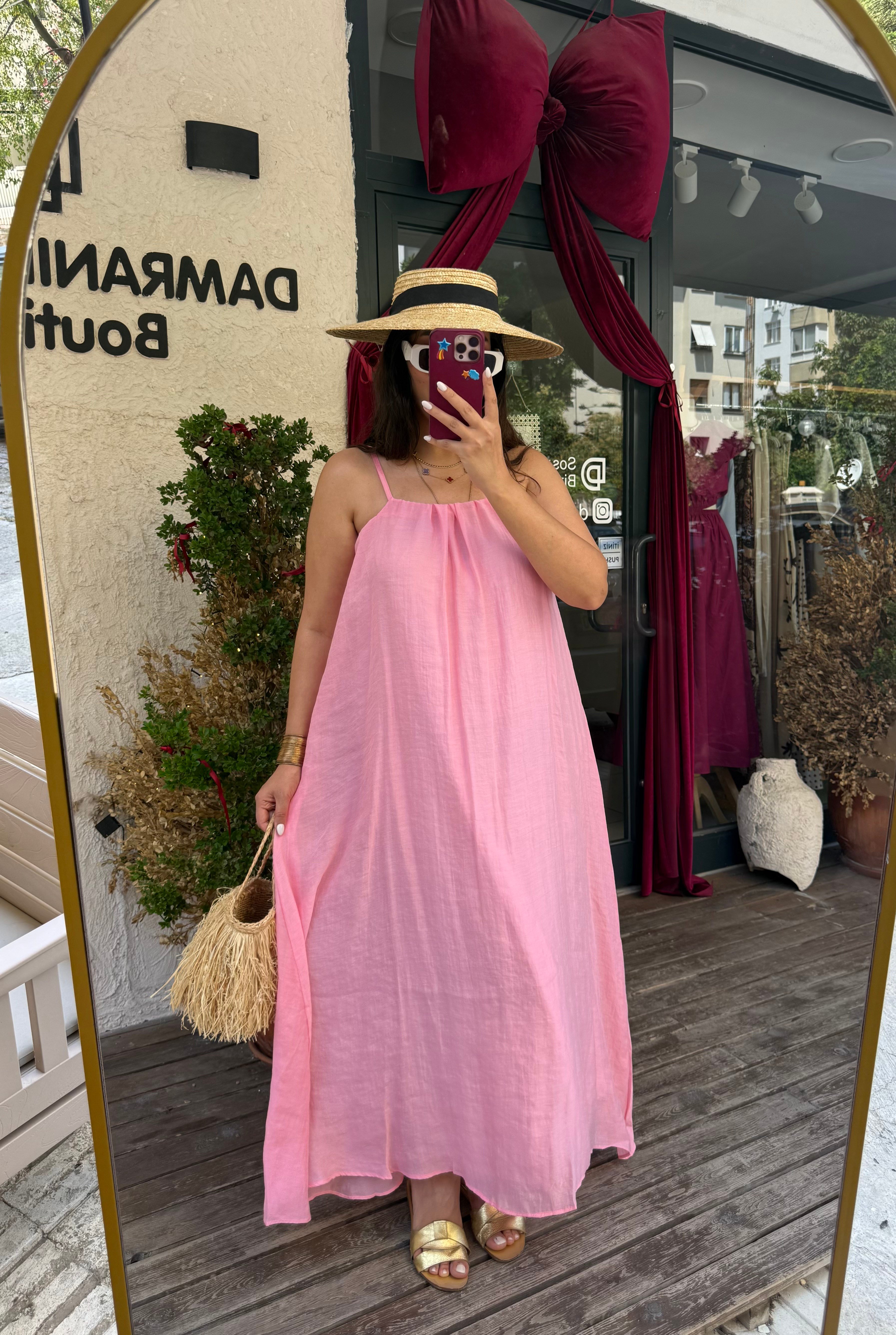 İpli Astarlı Halter Elbise Pembe