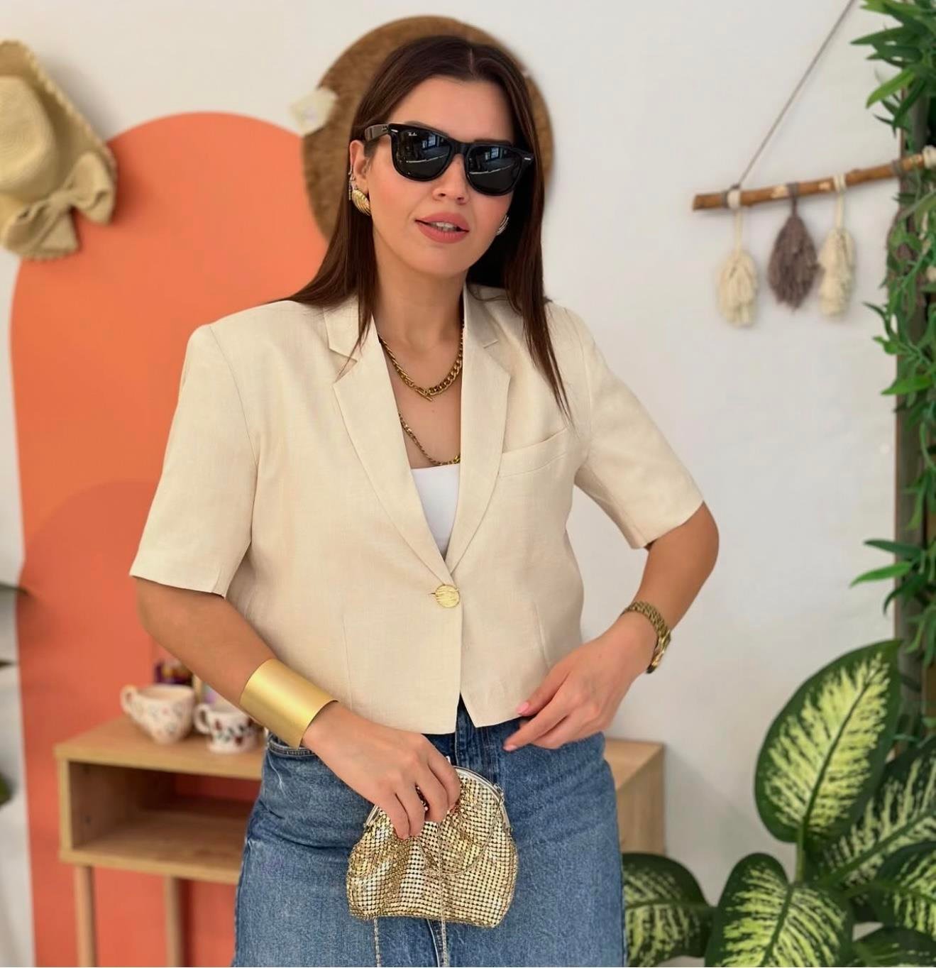 Kısa kollu blazer ceket krem
