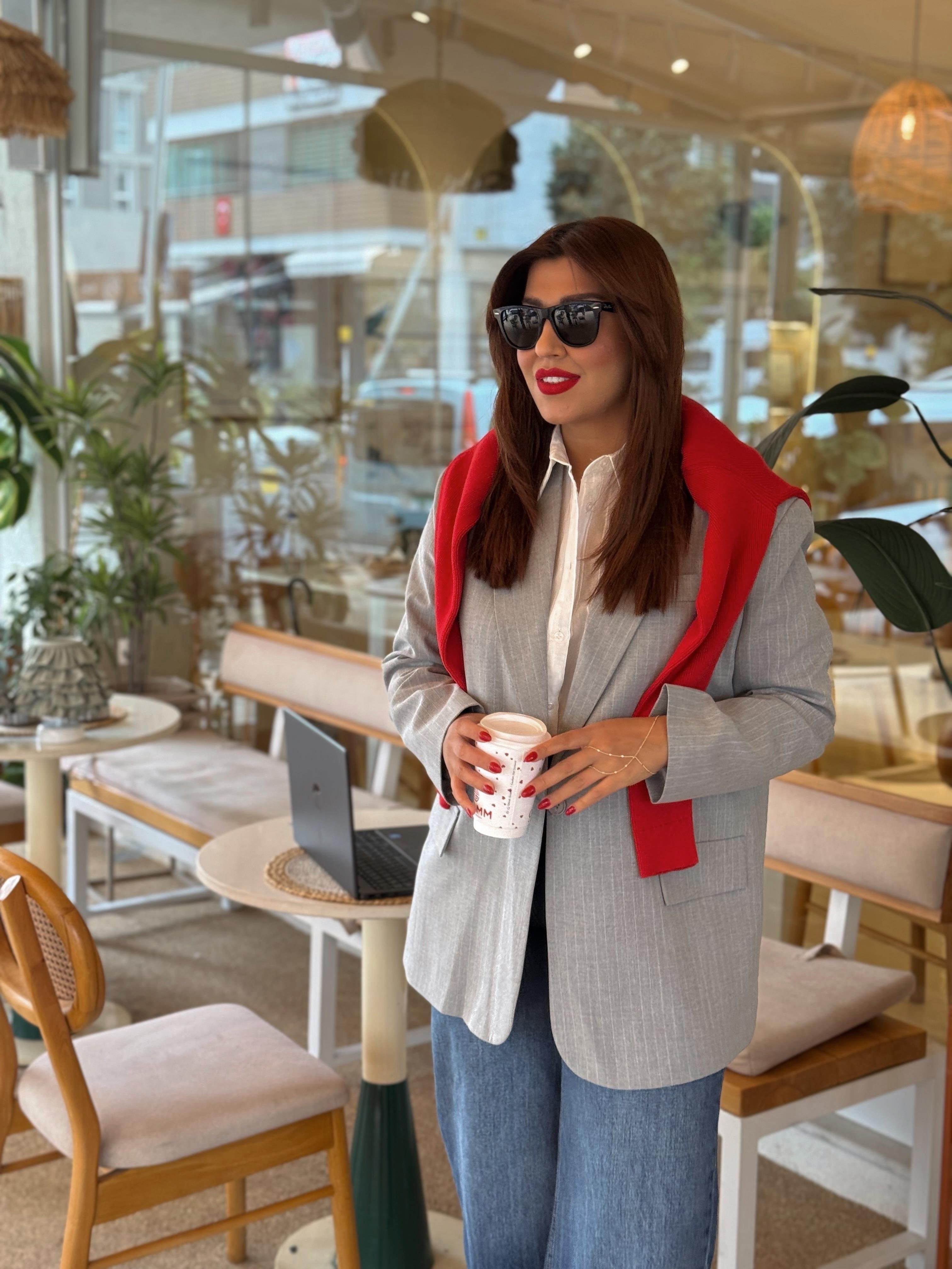 Oversize Çizgili Blazer Ceket Gri
