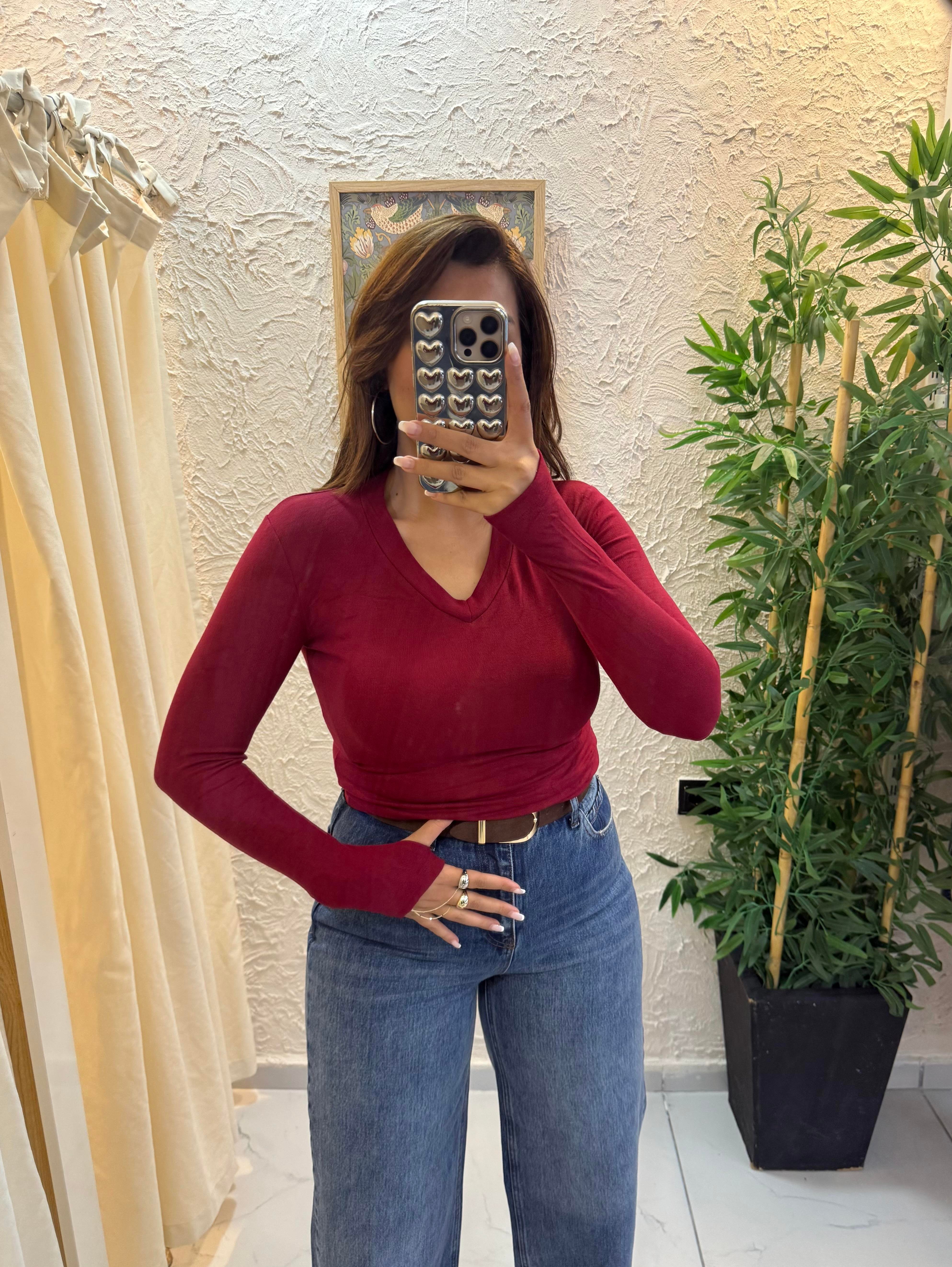 Oysho Parmak Geçirmeli Body V Yaka Bordo
