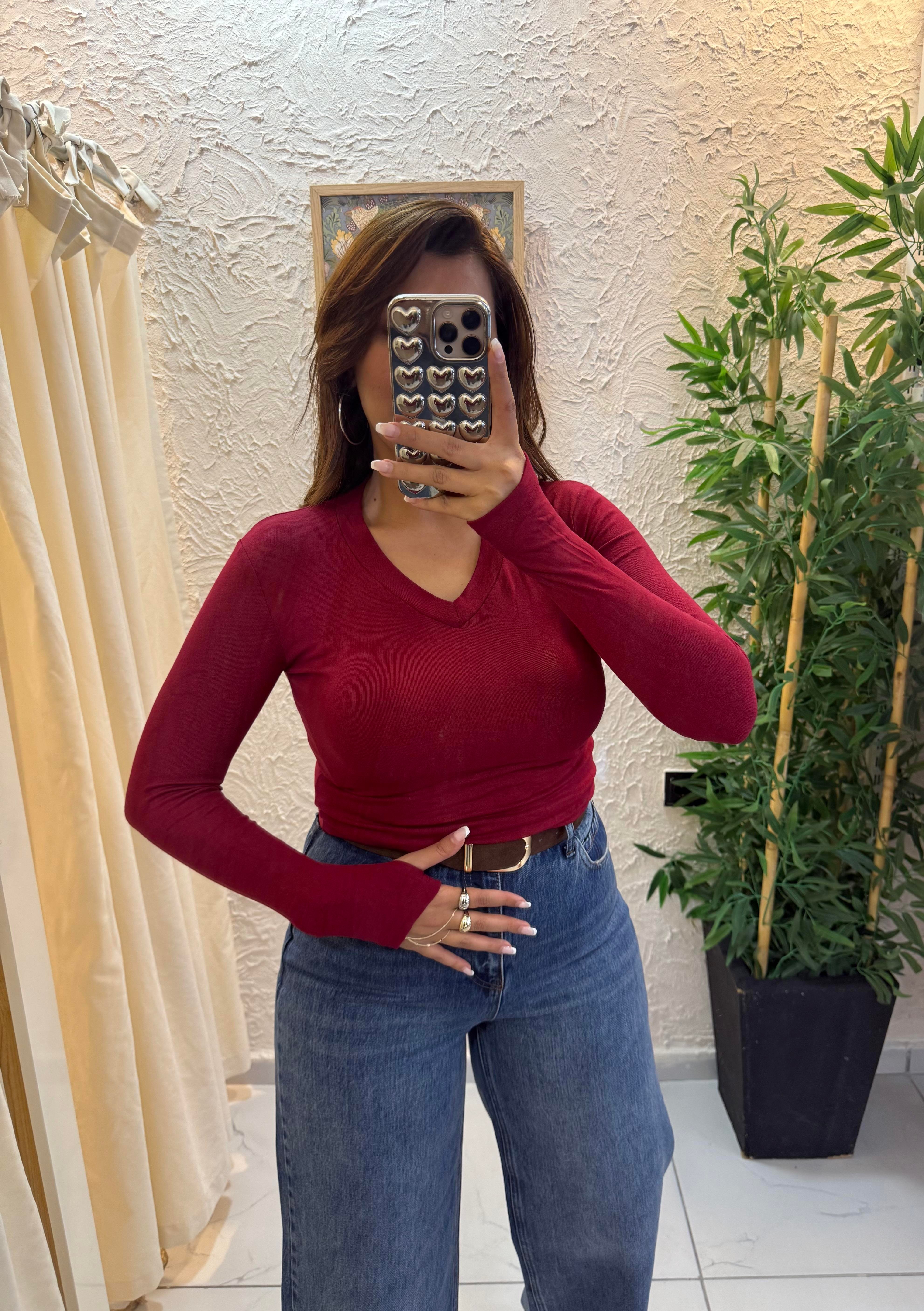 Oysho Parmak Geçirmeli Body V Yaka Bordo