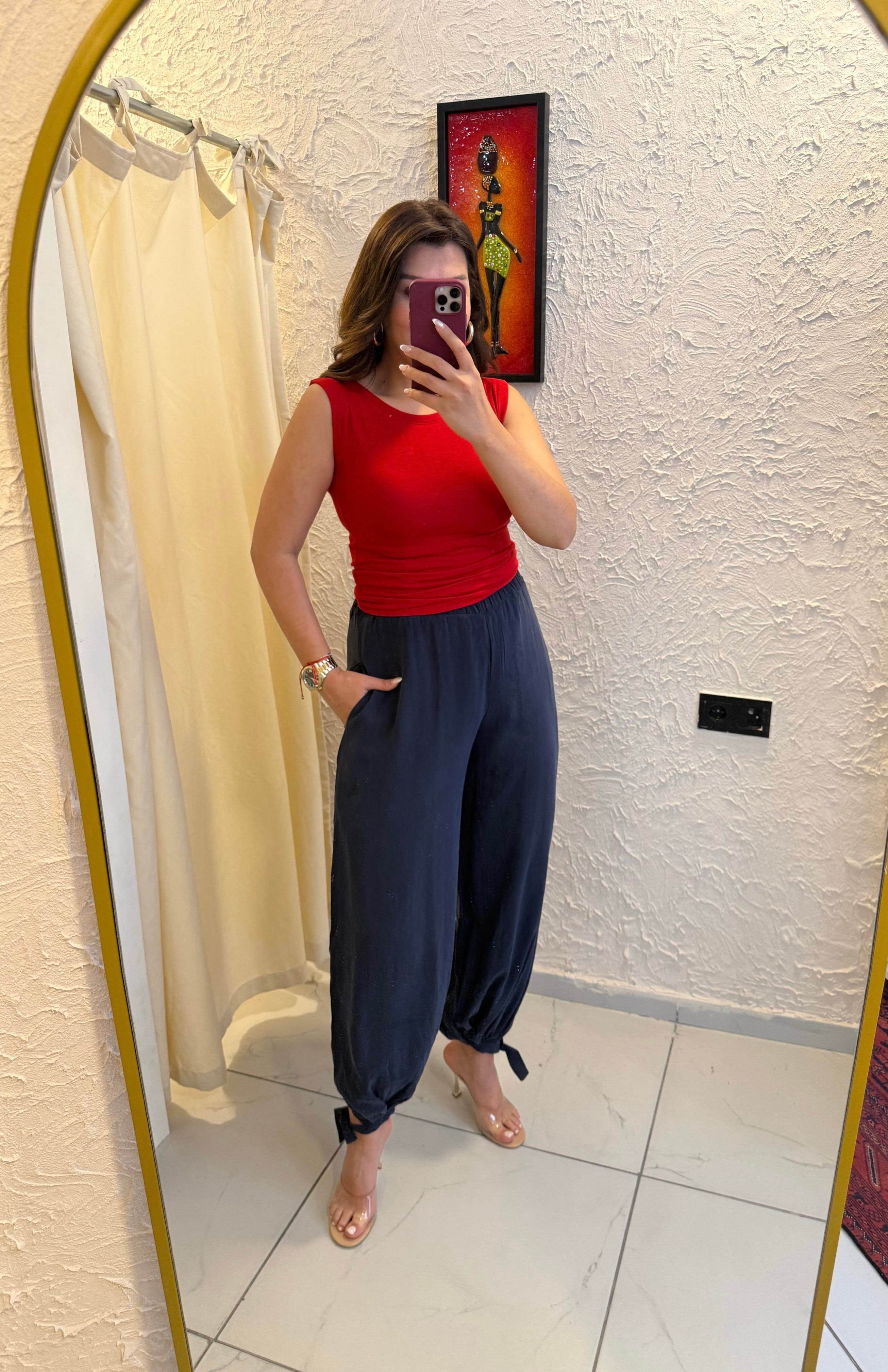 Paça Bağcıklı Tensel Pantolon İndigo Mavi