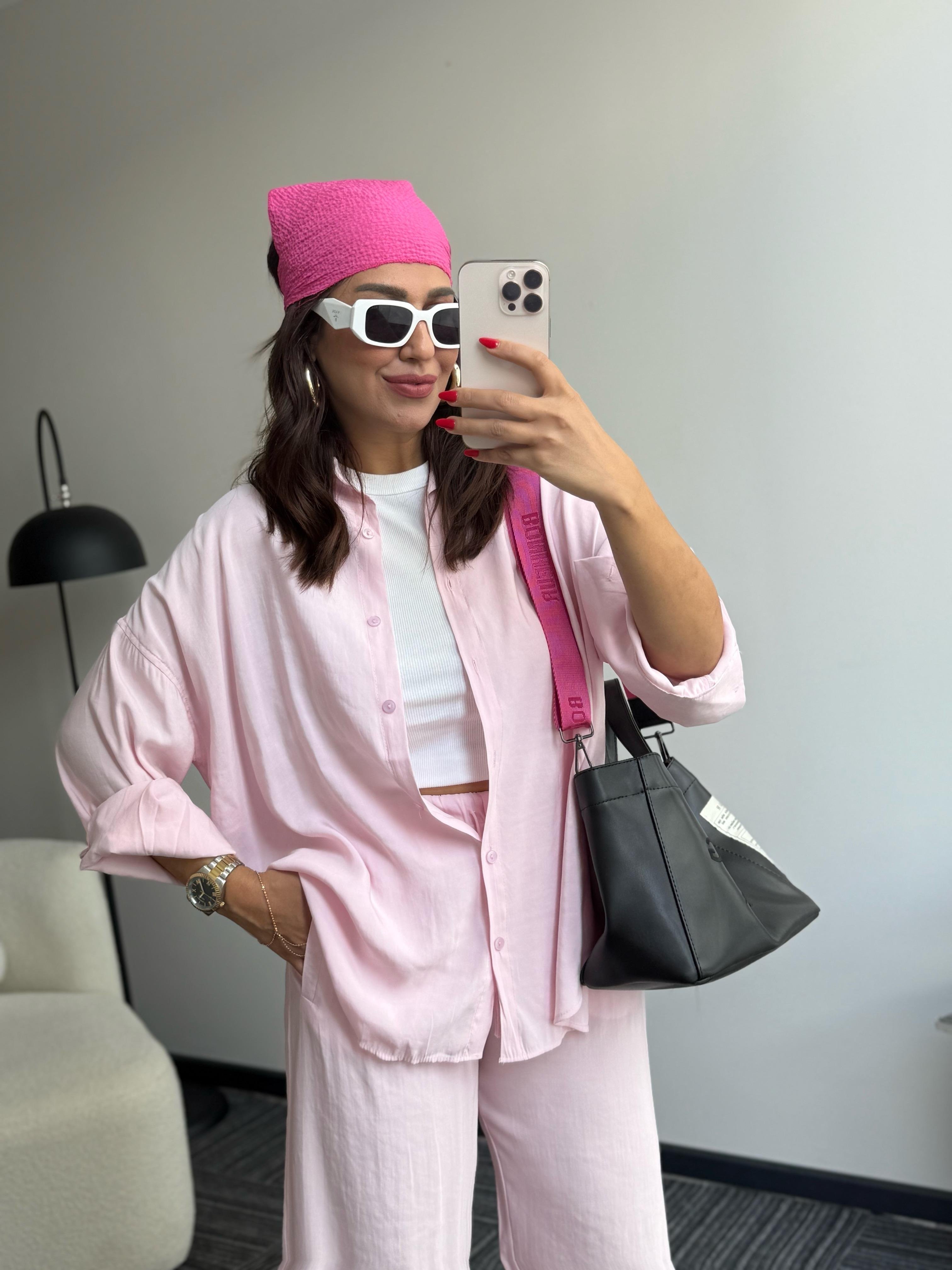 Tensel gömlekli takım pembe