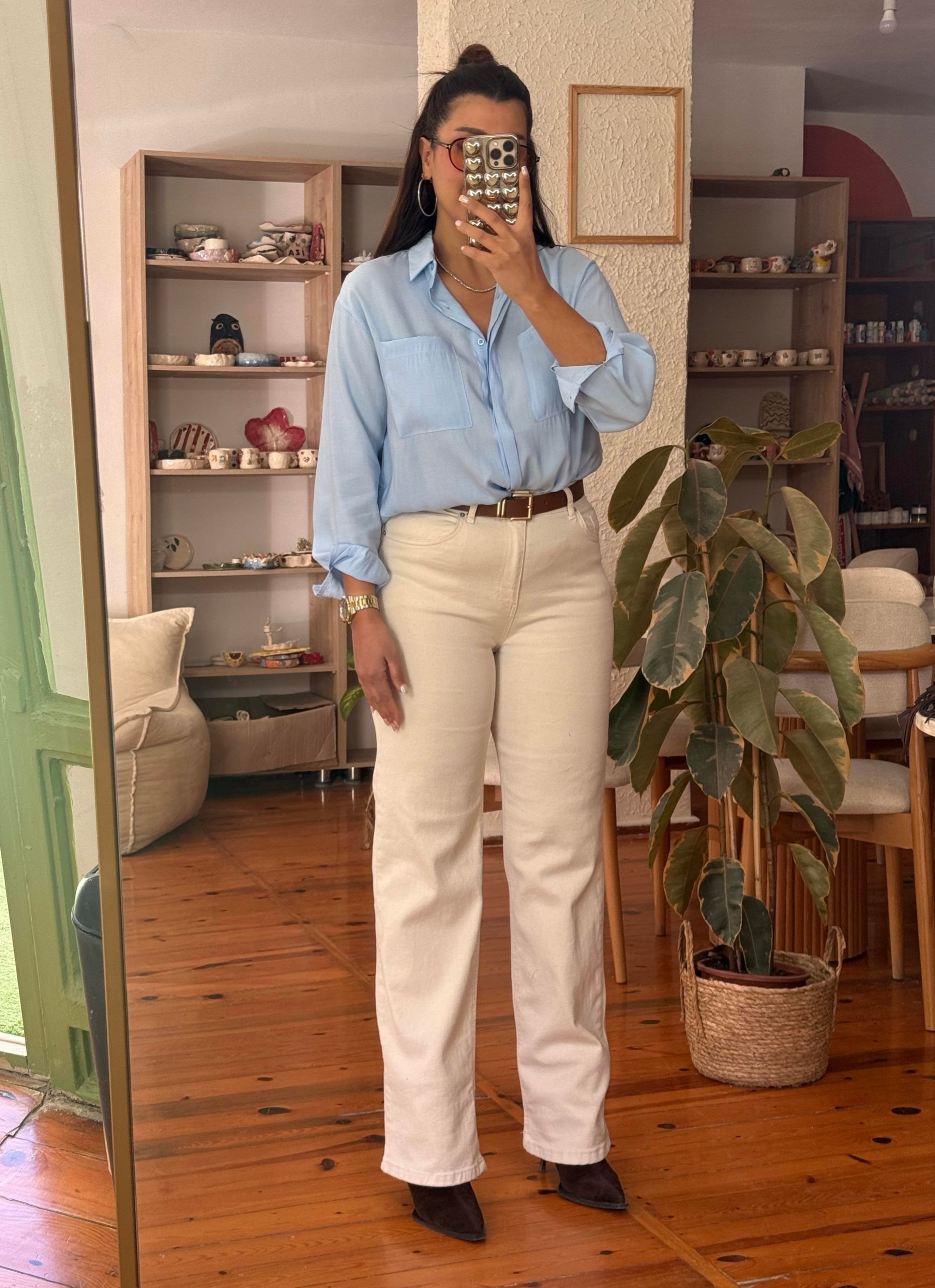Wıde Leg Kemerli Jean Krem