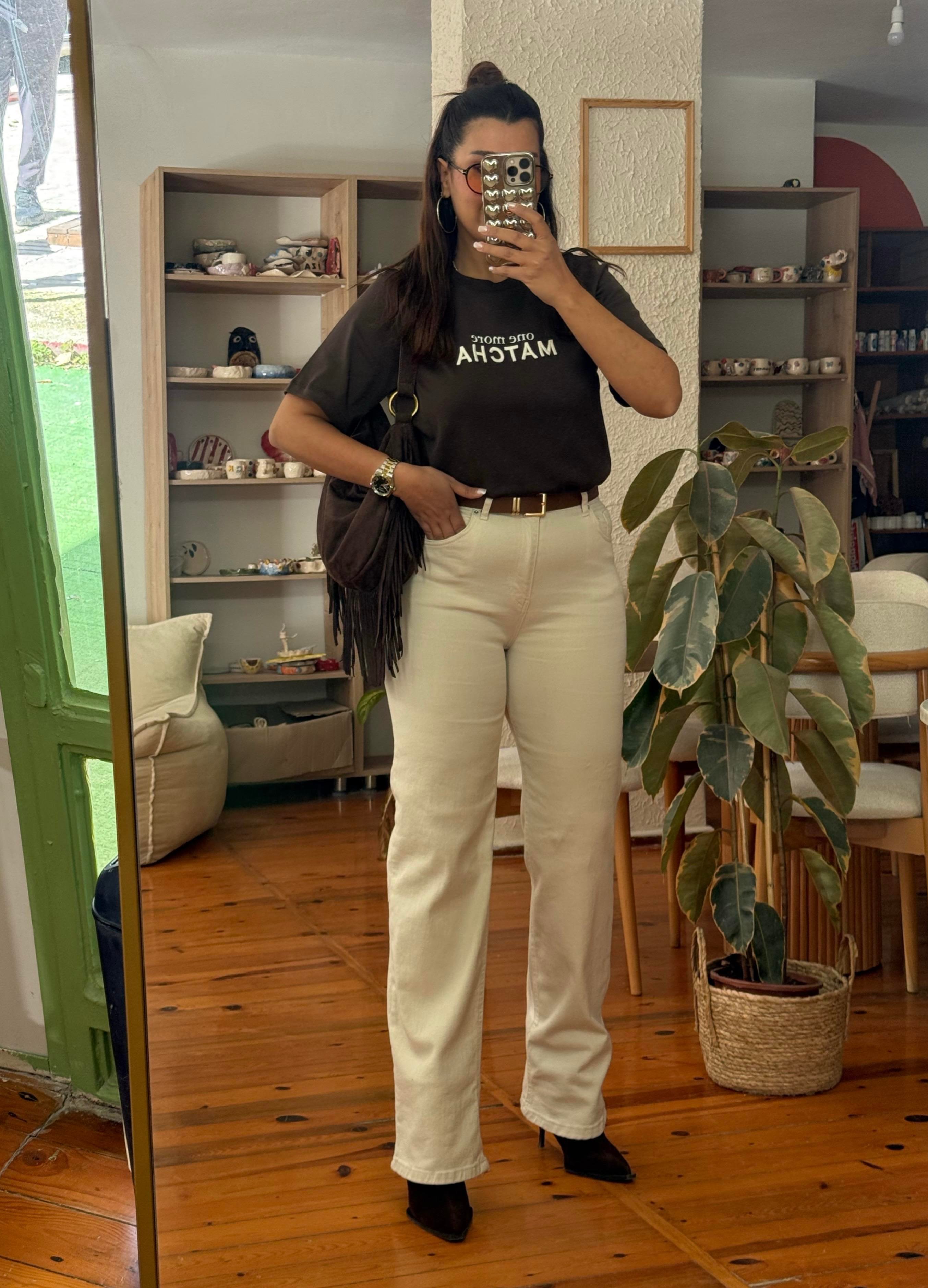 Wıde Leg Kemerli Jean Krem
