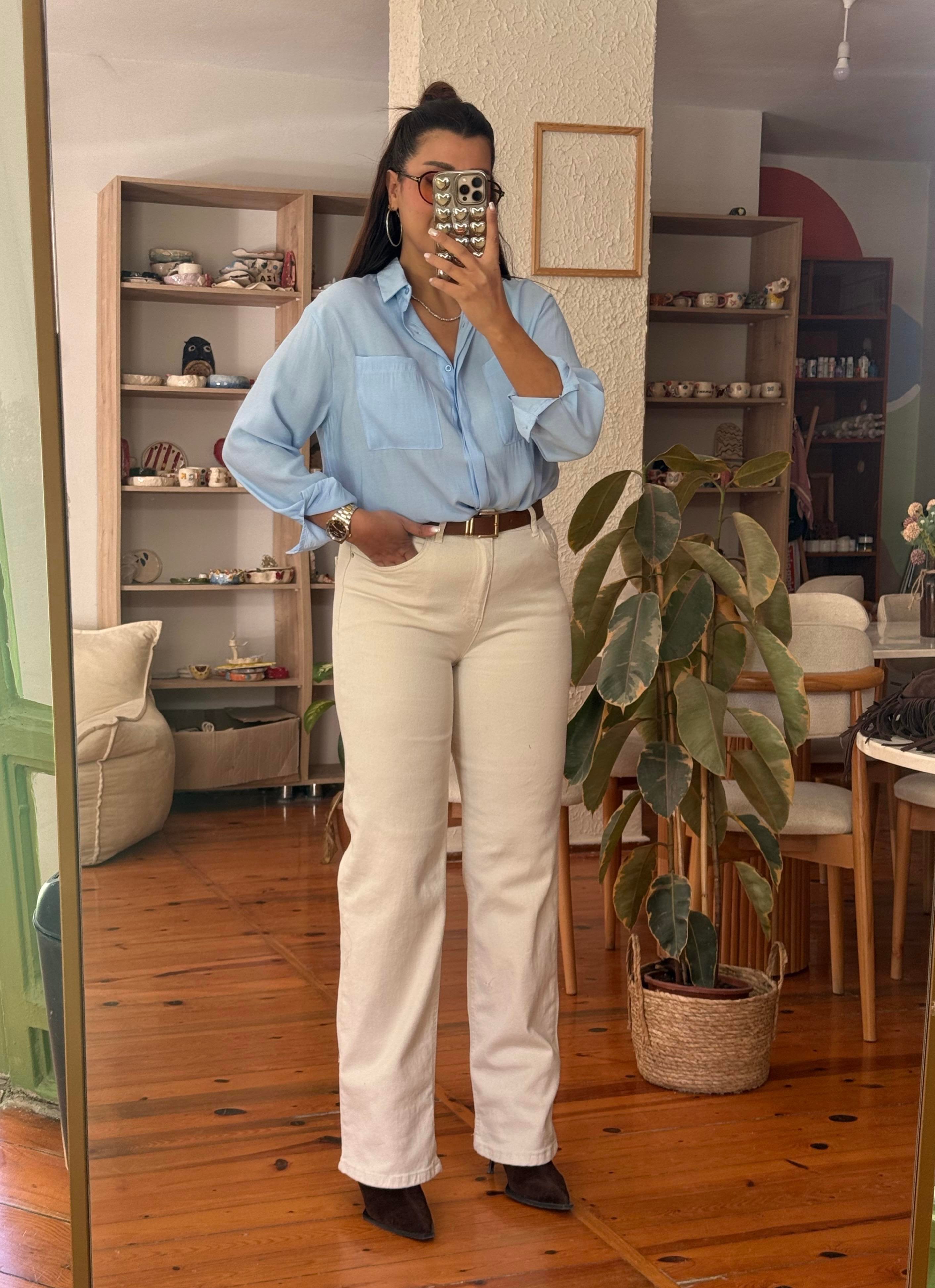 Wıde Leg Kemerli Jean Krem