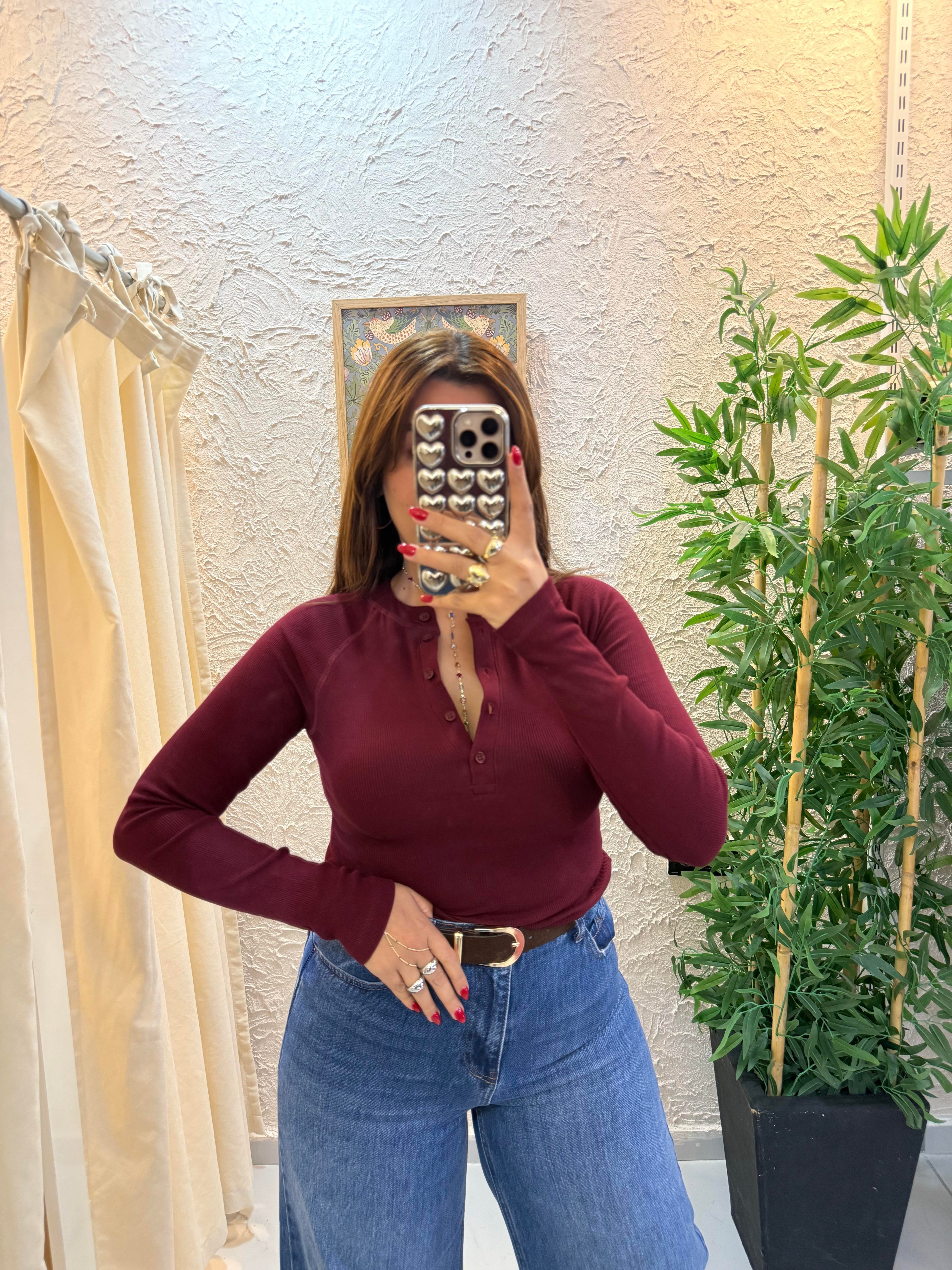 Yakası Düğmeli Bluz Bordo