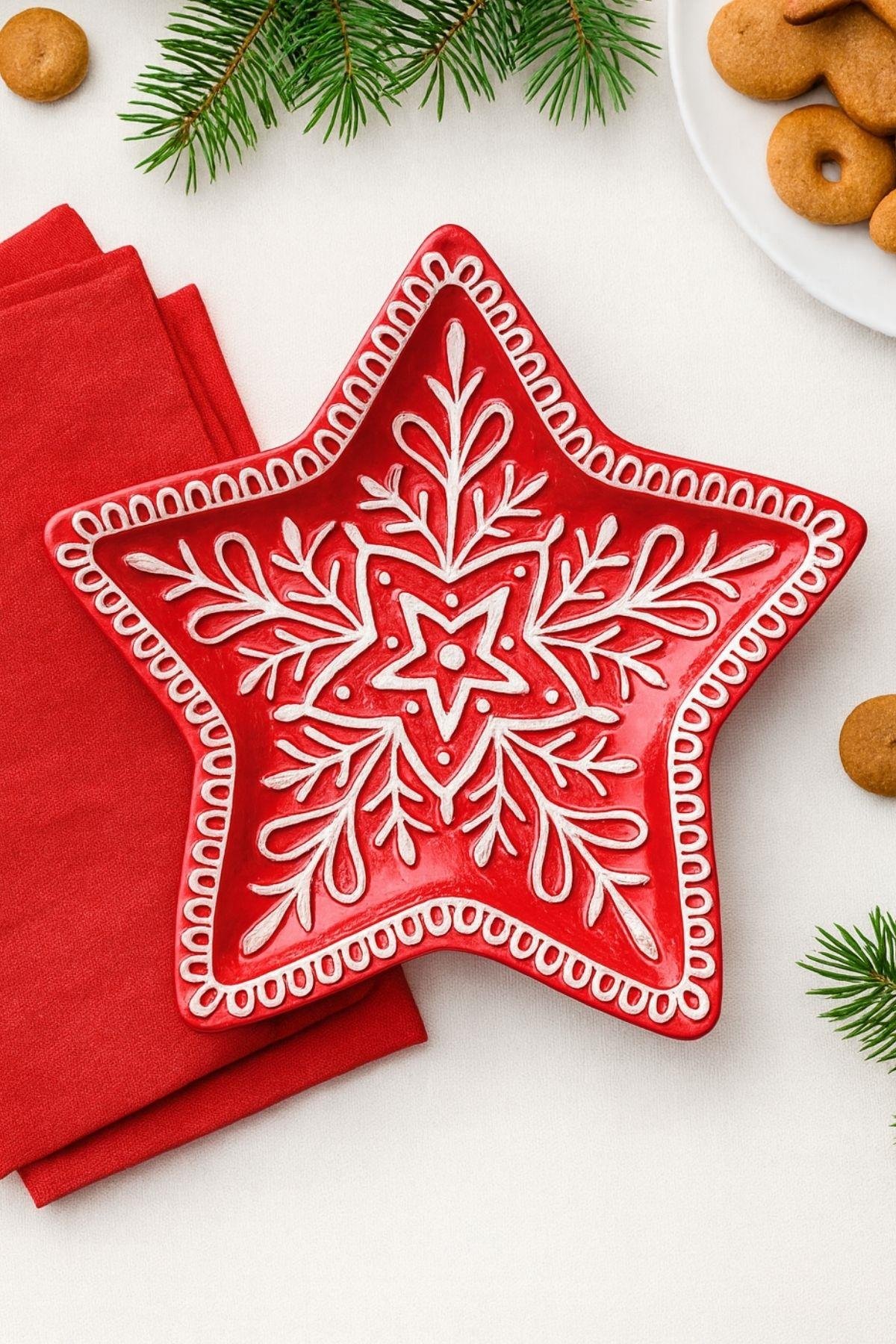 22 Cm Yılbaşı Figürlü Yıldız Desenli Seramik Tabak