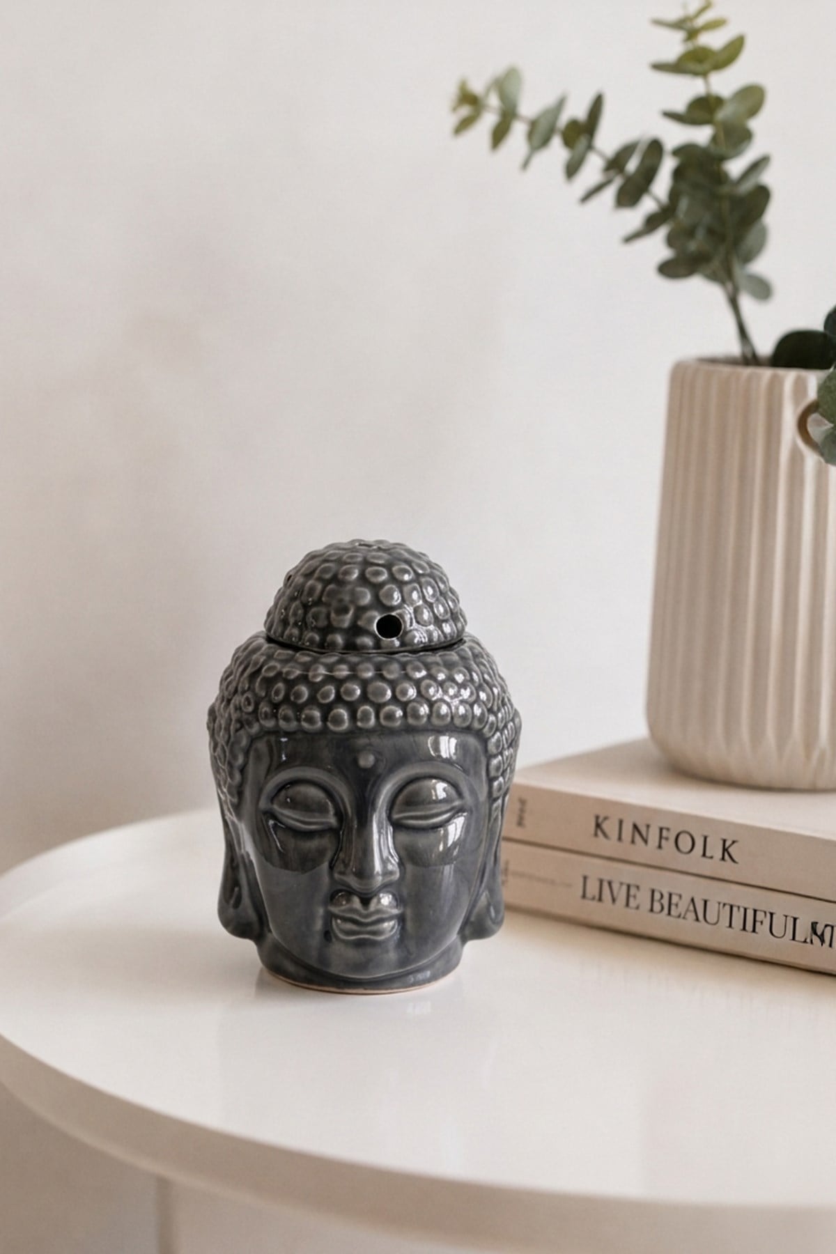 Füme Buddha Kafası Seramik Buhurdanlık 13 Cm