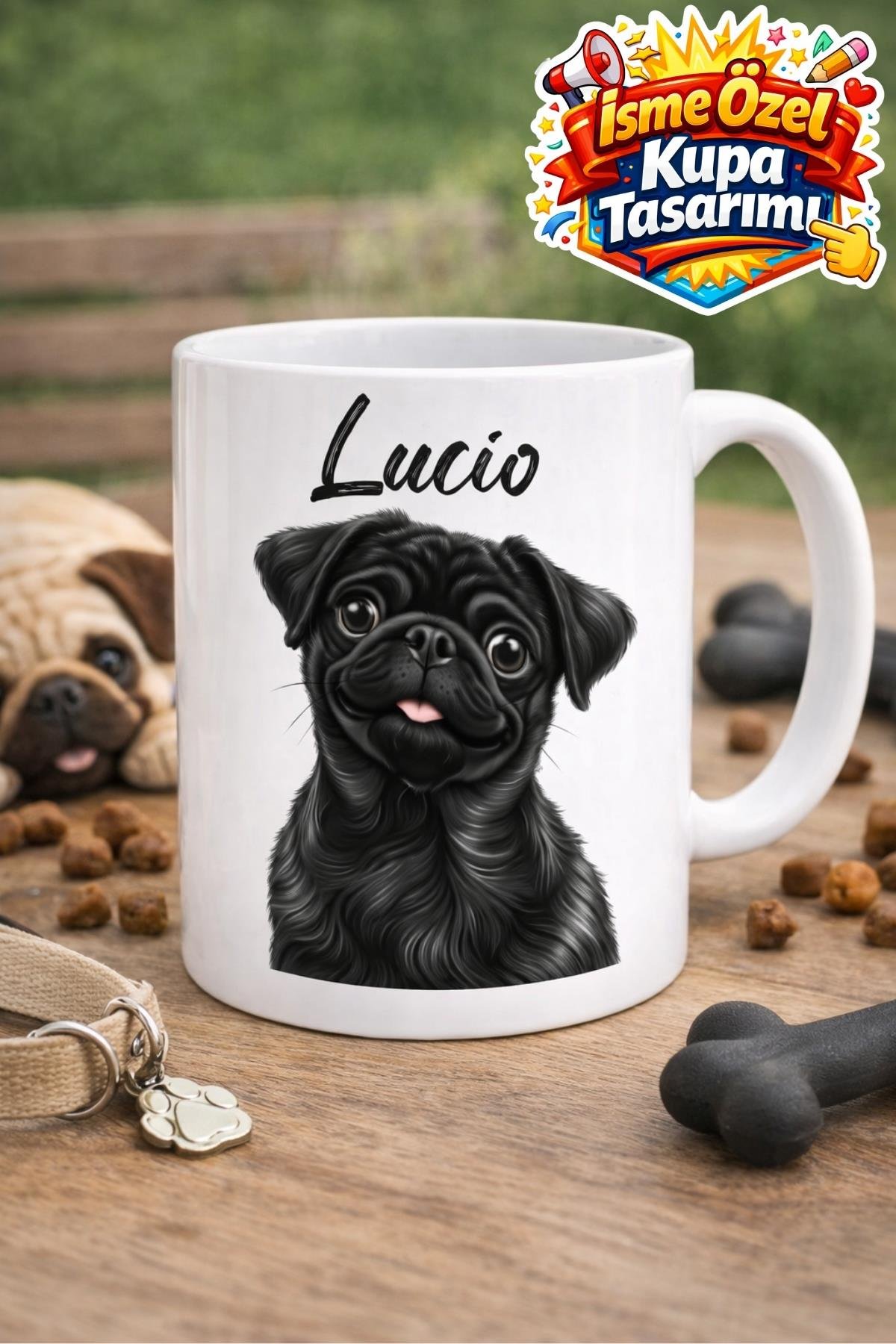 İSME ÖZEL SİYAH PUG Baskılı Kupa Bardak