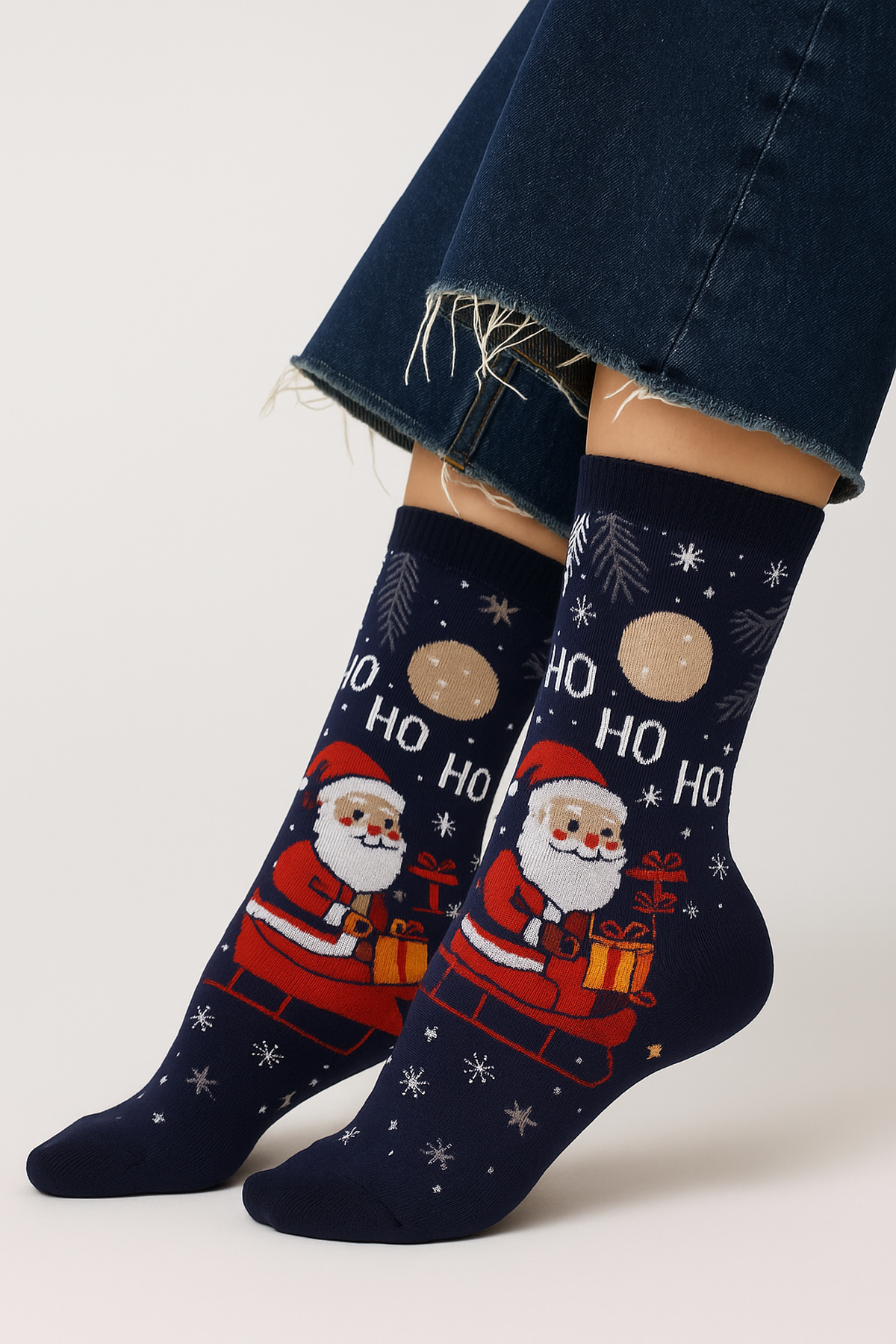 Lacivert Ho Ho Ho Kar Taneli Yılbaşı Figürlü Konsept Çorap 36-44